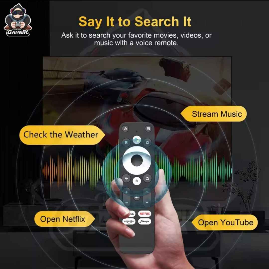 Remote control with voice commands displayed on a screen, featuring functions like streaming music, checking weather, and opening Netflix and YouTube.