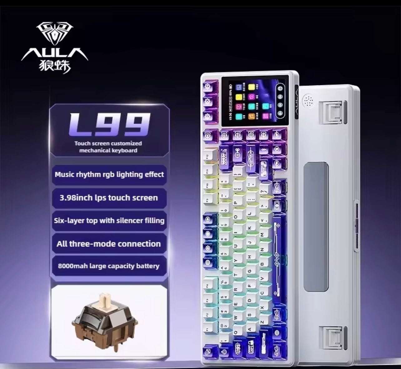 Aula L99 Mechanical Gaming Keyboard, 3.98-inch IPS Touch Screen, RGB LIGHTING: 16 million colour Backlight, SOUND OPTIMIZATION, 8000mAh Battery, Triple Connection Mode