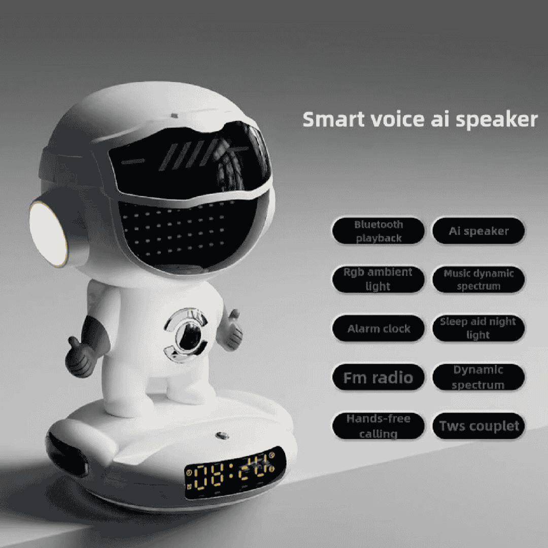 Smart AI Robot, Intelligent Conversation Wireless Speaker, AI Empowered Voice Interaction, Powerful AI Voice Model, Smart Life Assistant, Night Atmosphere Light, Long-Lasting Battery Life, Multi-Function Entertainment Hub, Premium Design & Durability