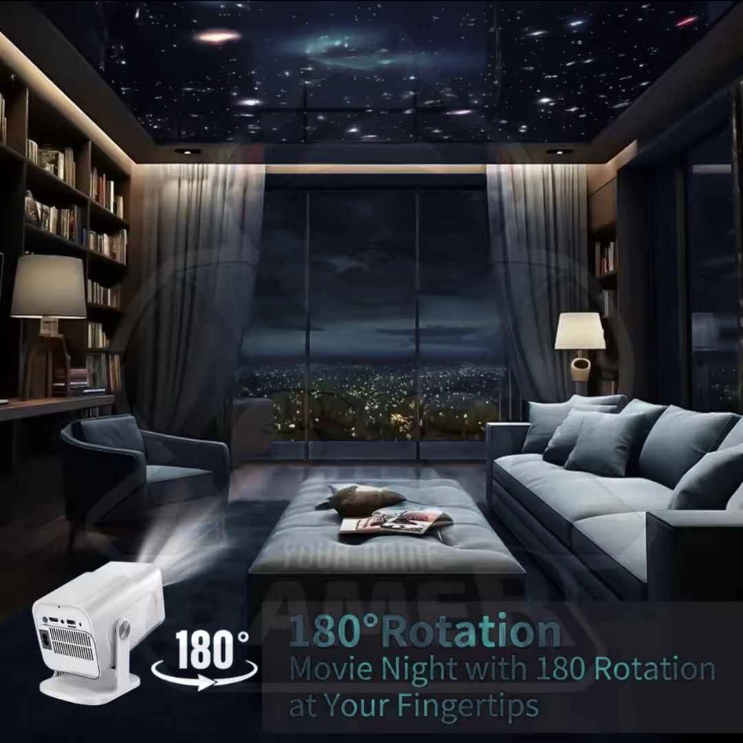 Modern living room with a projector and 180-degree rotation feature, displaying a starry night sky.