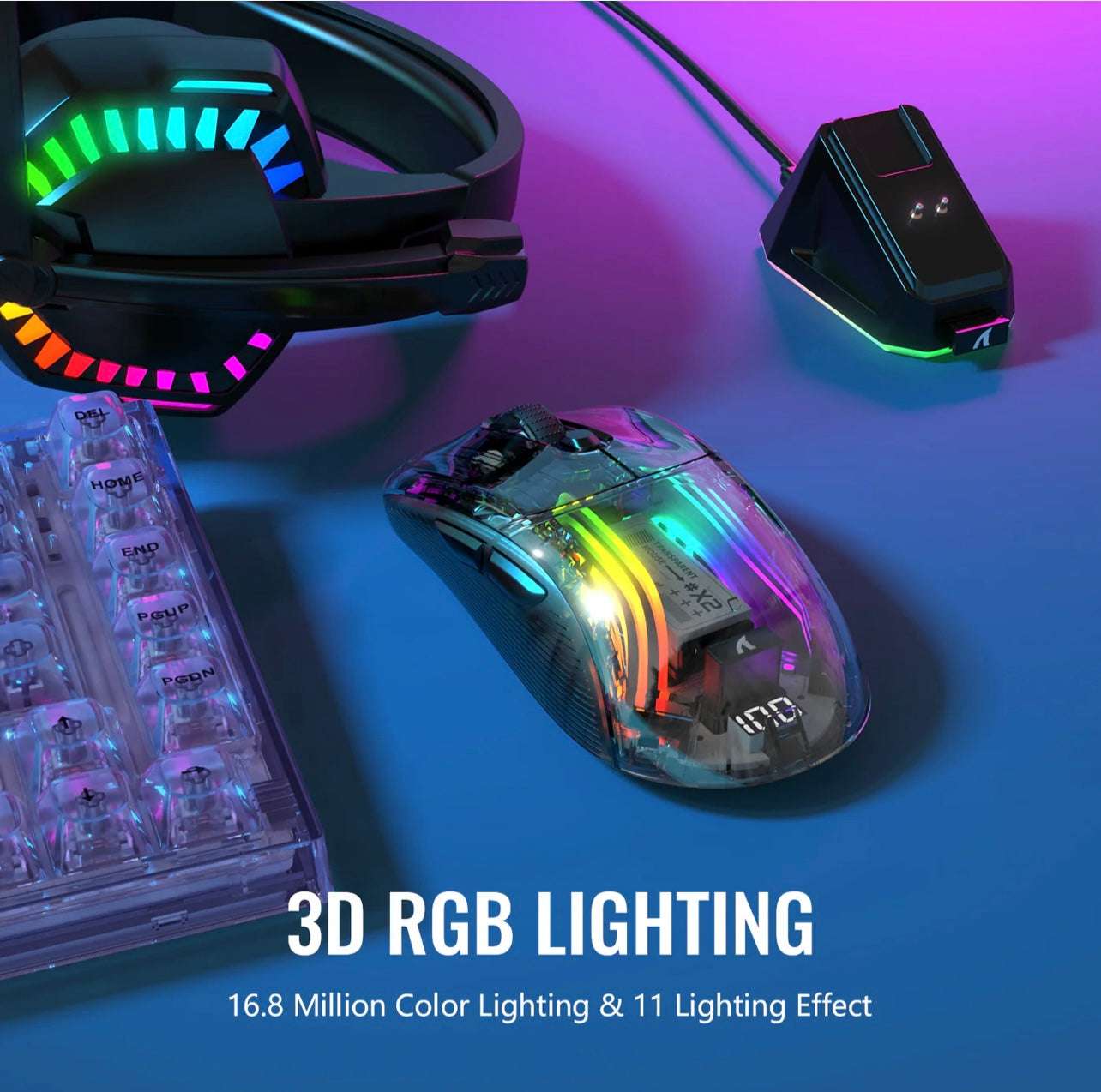 Attack Shark X2 Pro Gaming Mouse, Tri-Mode Wireless 2.4GHz/Bluetooth/Wired, 4000 DPI, RGB Lighting, Silent Clicks, Charging Dock