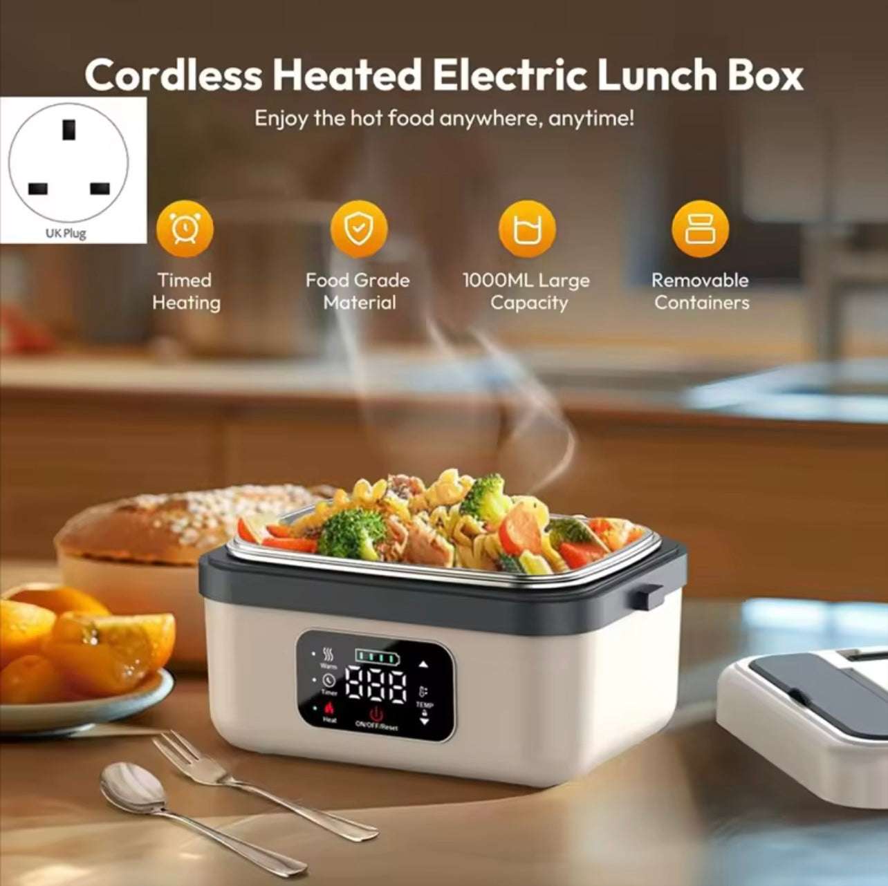 Smart Lunch Box, 1L Cordless Food Warmer, 8000mAh Battery, 6 Temperature Levels, Keep-Warm 15-20h