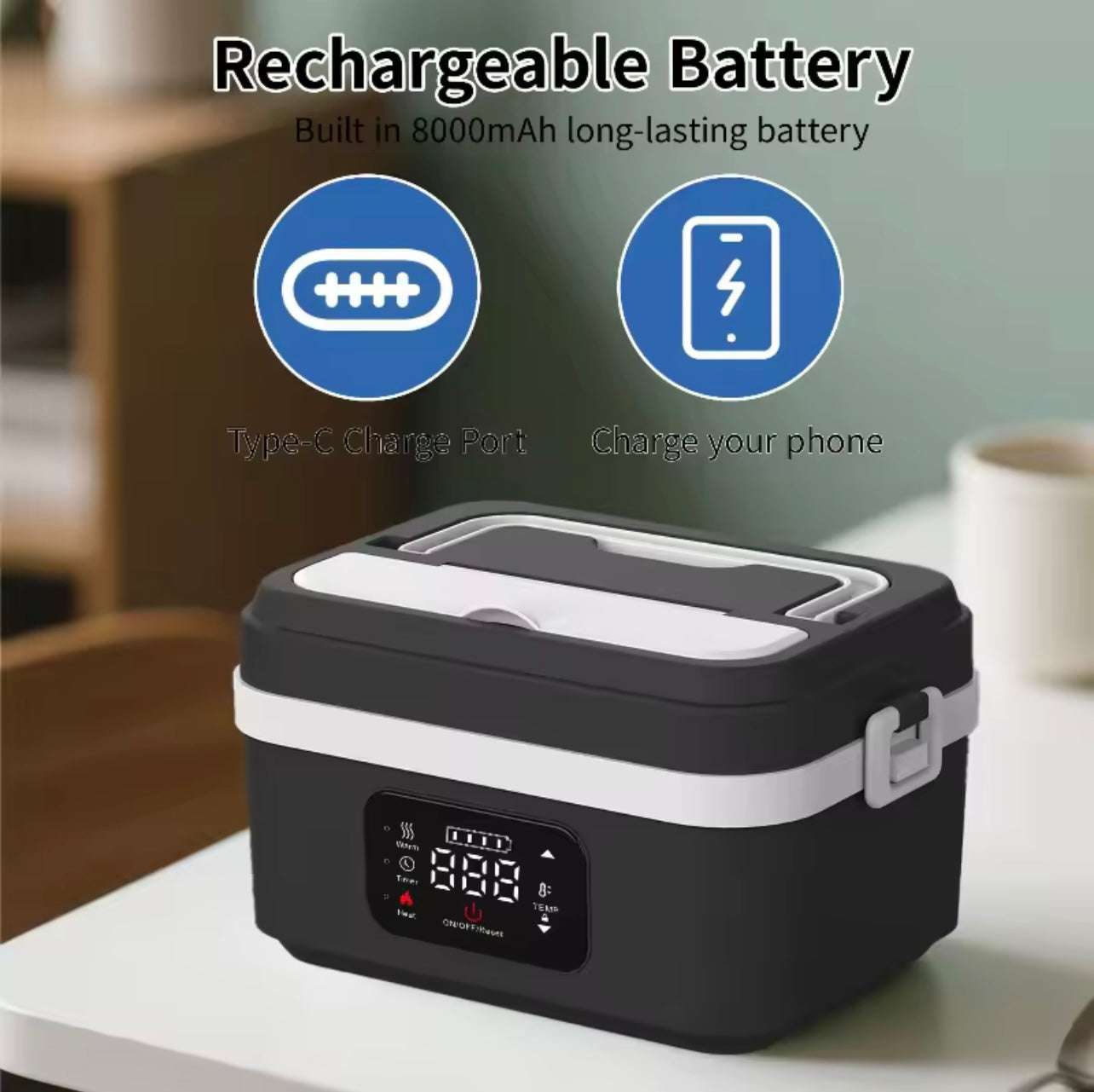 Smart Lunch Box, 1L Cordless Food Warmer, 8000mAh Battery, 6 Temperature Levels, Keep-Warm 15-20h