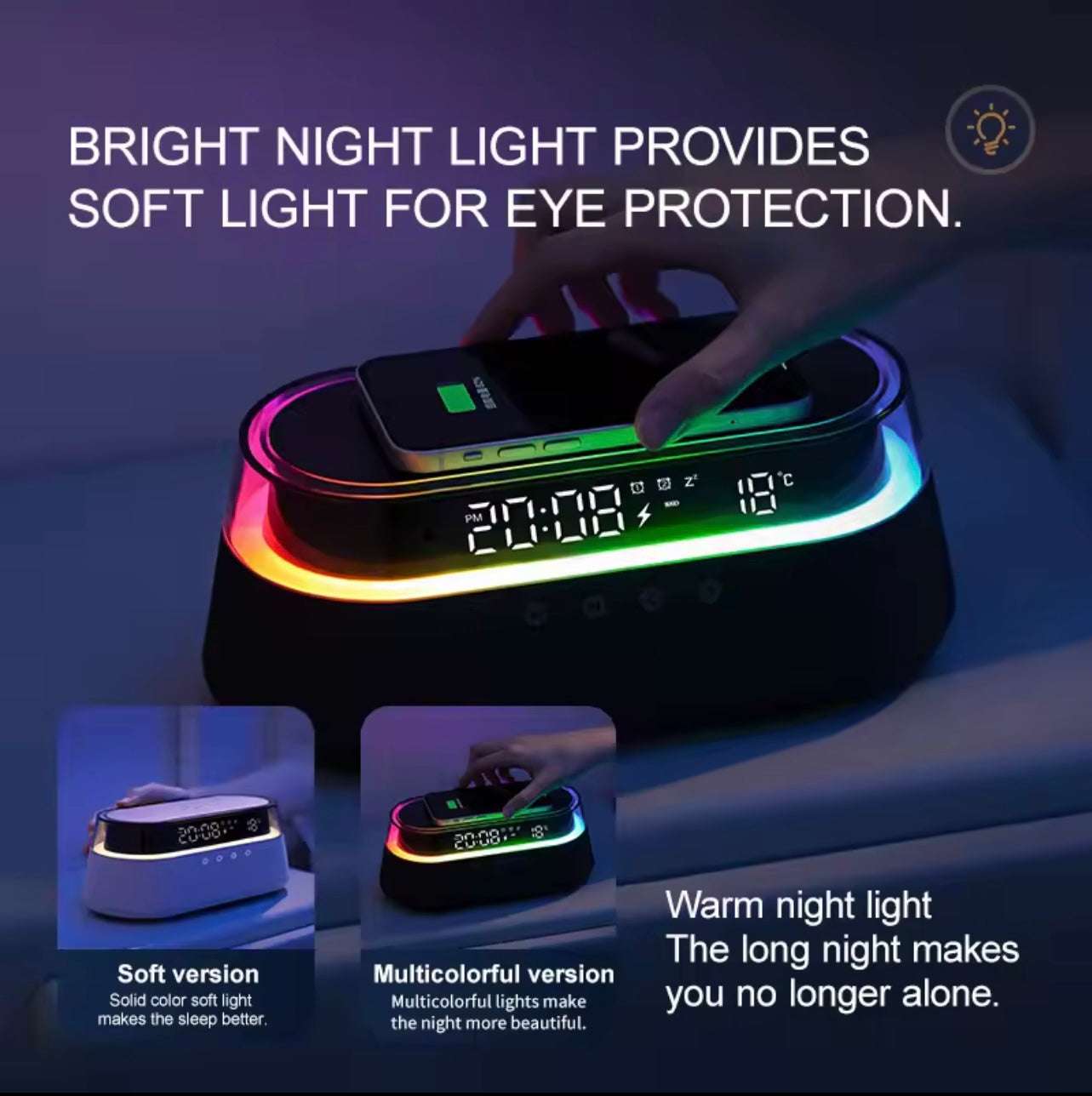 6-in-1 Smart Alarm Clock, 15W Wireless Charger, Bluetooth Speaker, FM Radio, Dual Alarm, USB Charging Port & RGB Mood Light