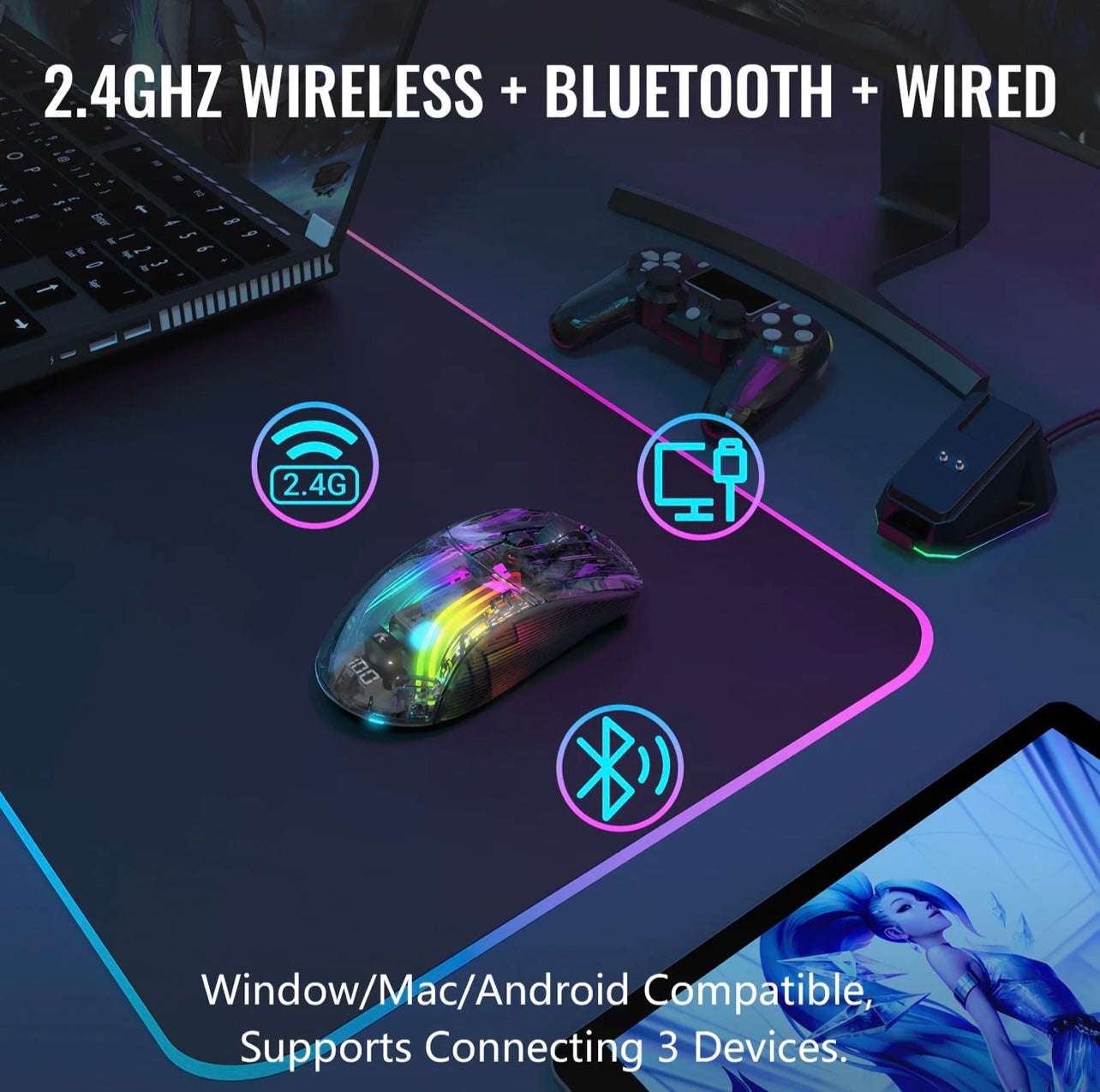 Attack Shark X2 Pro Gaming Mouse, Tri-Mode Wireless 2.4GHz/Bluetooth/Wired, 4000 DPI, RGB Lighting, Silent Clicks, Charging Dock