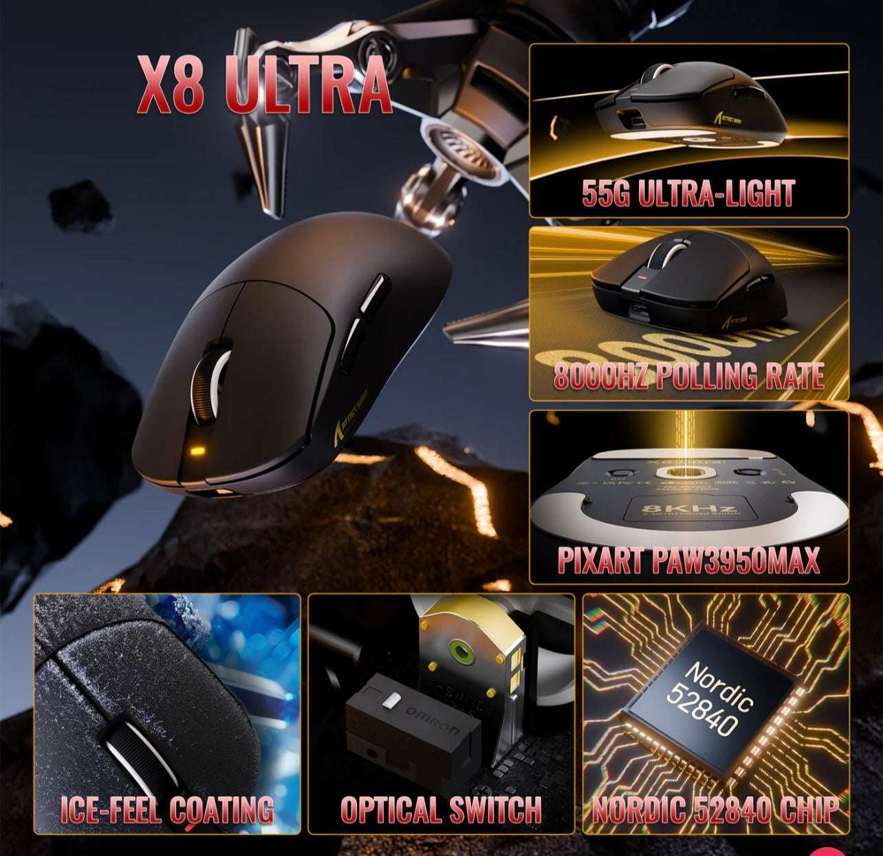 ATTACK SHARK X8 Series Tri-mode Lightweight Wireless Gaming Mouse