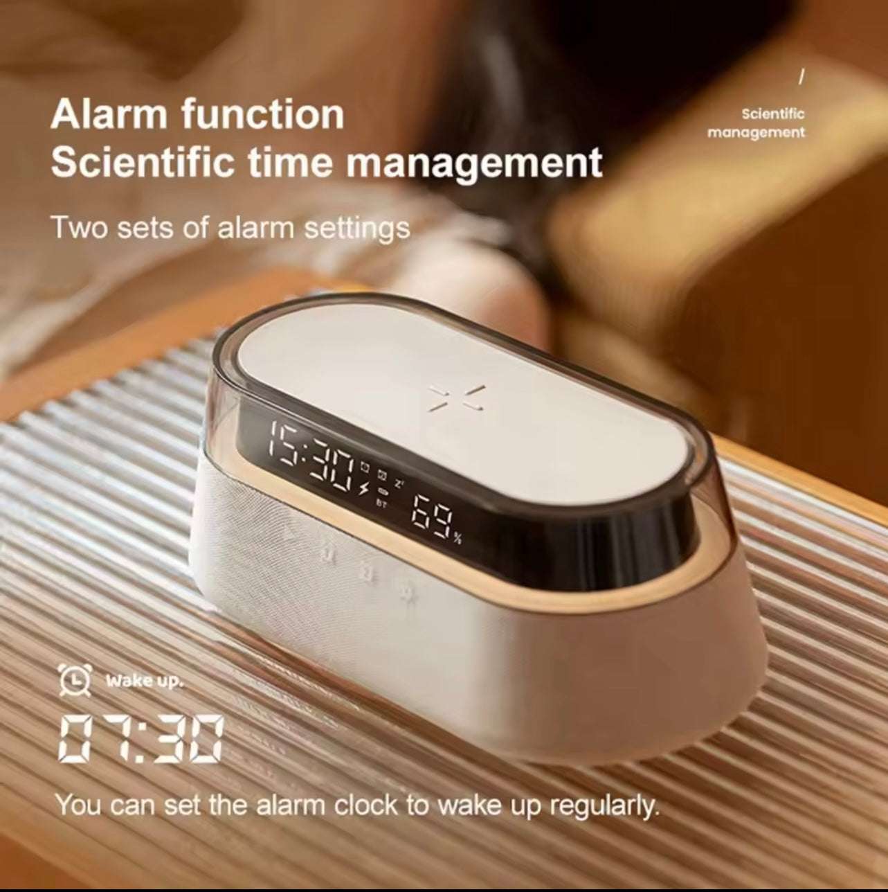 6-in-1 Smart Alarm Clock, 15W Wireless Charger, Bluetooth Speaker, FM Radio, Dual Alarm, USB Charging Port & RGB Mood Light
