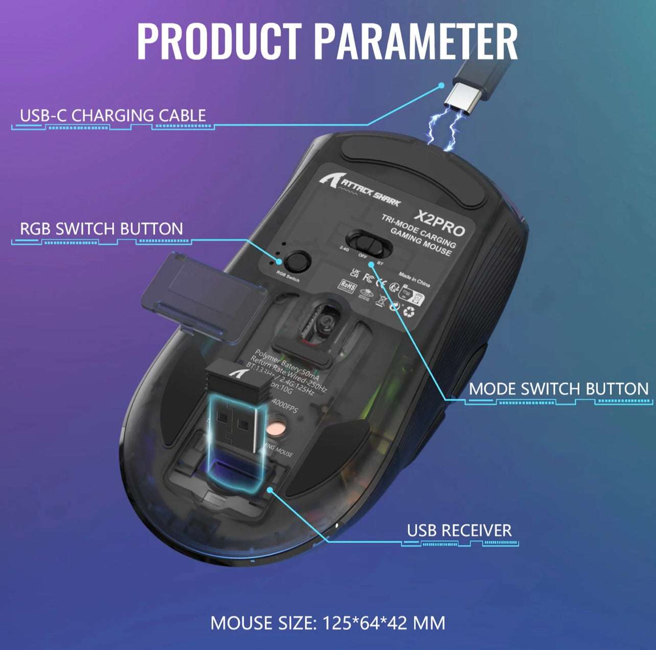 Attack Shark X2 Pro Gaming Mouse, Tri-Mode Wireless 2.4GHz/Bluetooth/Wired, 4000 DPI, RGB Lighting, Silent Clicks, Charging Dock