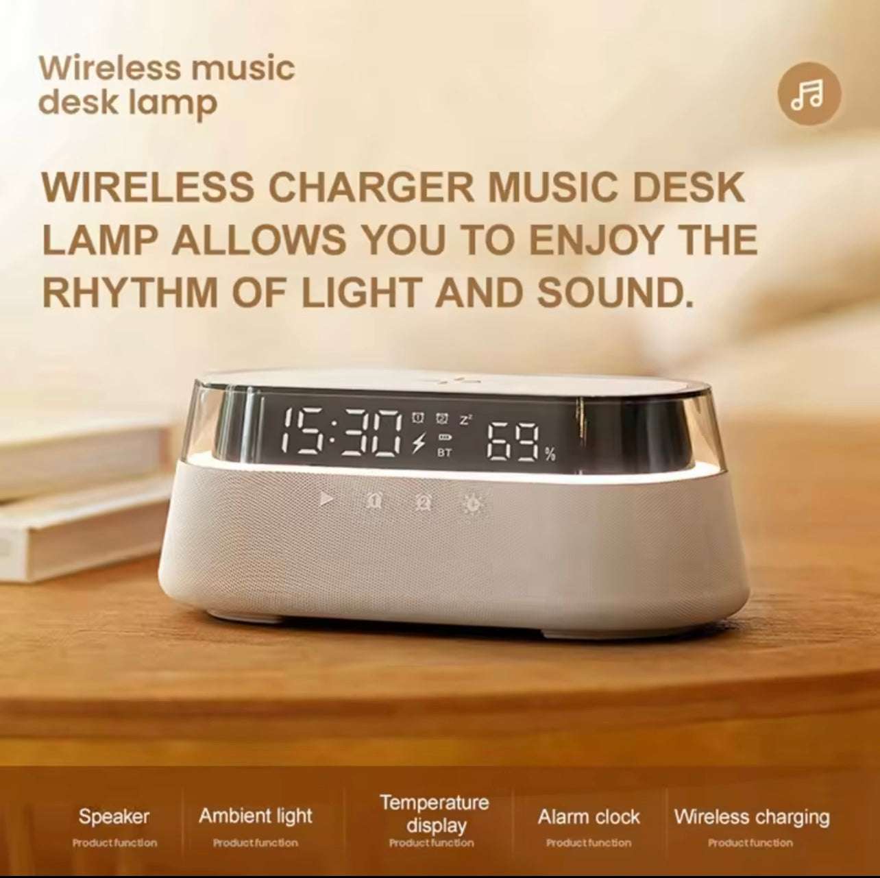6-in-1 Smart Alarm Clock, 15W Wireless Charger, Bluetooth Speaker, FM Radio, Dual Alarm, USB Charging Port & RGB Mood Light