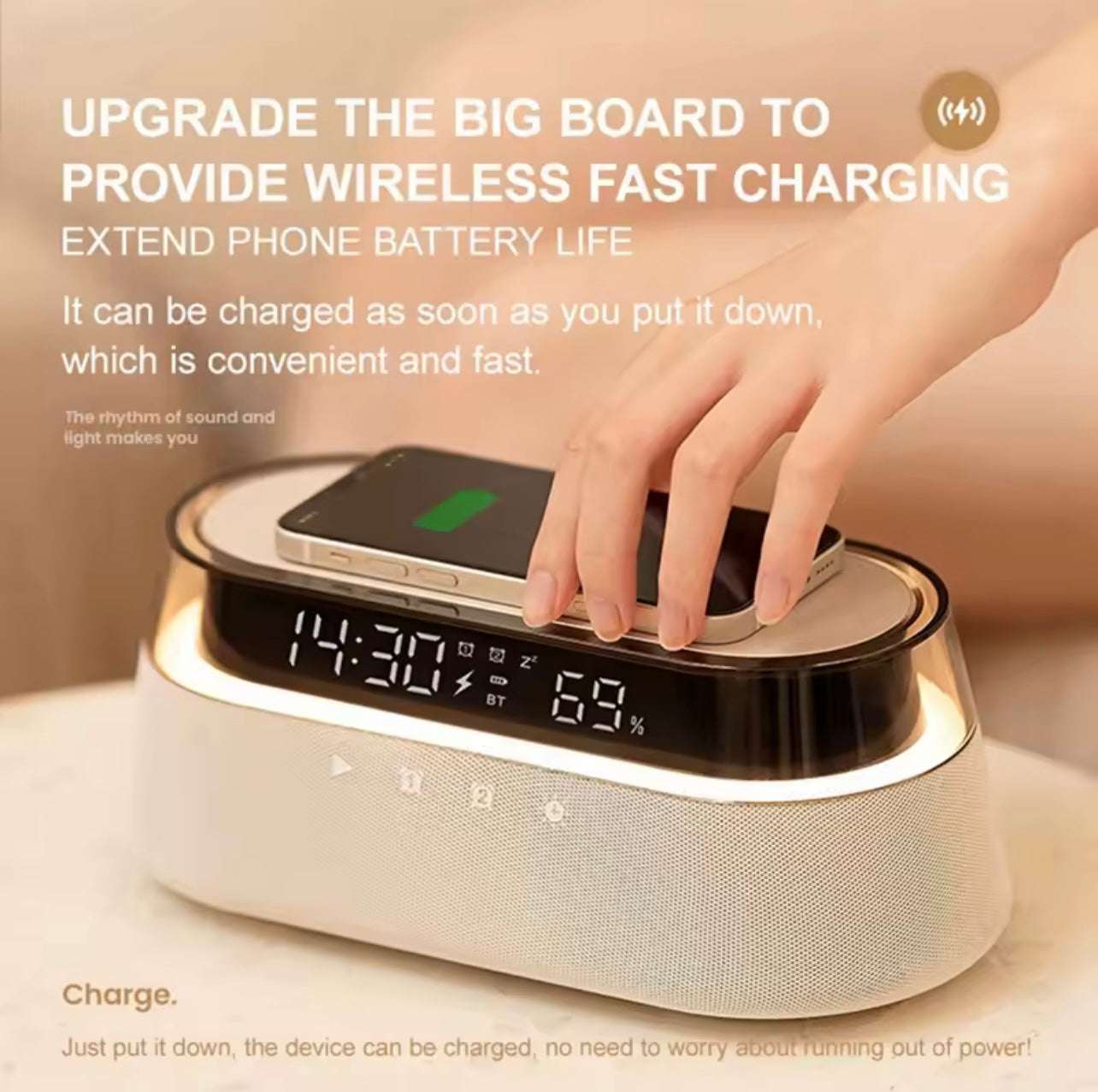6-in-1 Smart Alarm Clock, 15W Wireless Charger, Bluetooth Speaker, FM Radio, Dual Alarm, USB Charging Port & RGB Mood Light