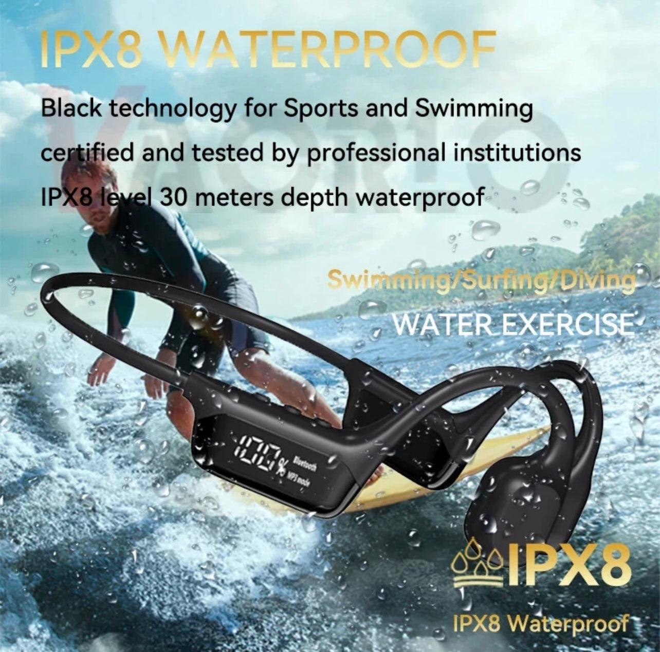 IPX8 Waterproof Bone Conduction Wireless Headphones – 32GB MP3, Swimming & Sport