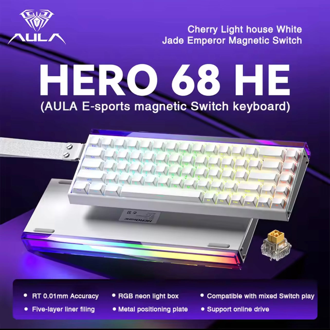 AULA HERO 68 HE Keyboard, Compact 68-Key Layout, Magnetic Switches with Rapid Trigger, High-Speed 8K Return Rate, Hot-Swap Switch Design, Durable Wired Connection, Dynamic RGB Backlighting, Neon light box