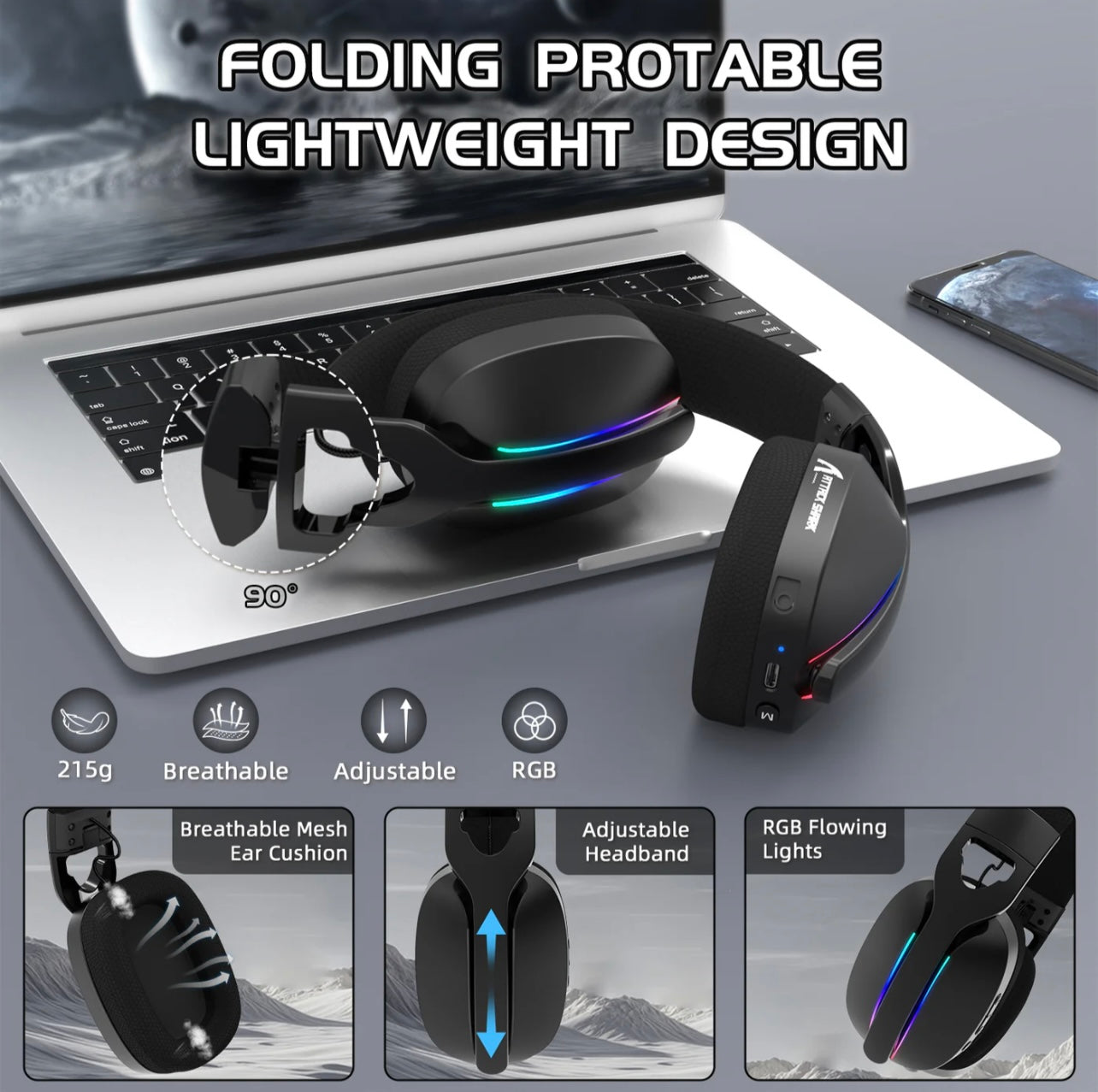 ATTACK SHARK L90 Foldable RGB Ultra-Light Tri-Mode Gaming Headset