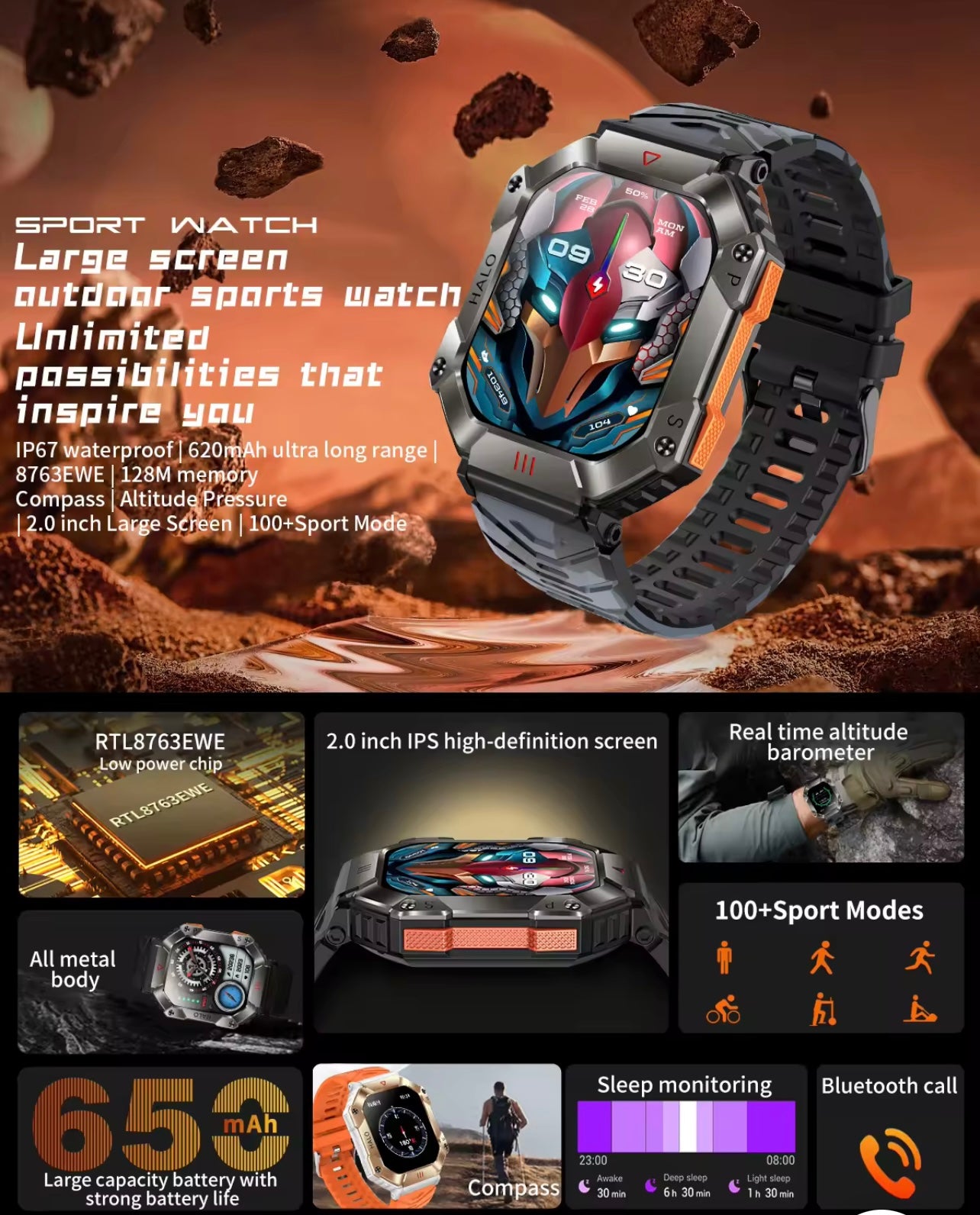Men’s Military Smartwatch with Bluetooth Call, Large Battery, Compass & Waterproof Sports Design – Outdoor Electronic Watch