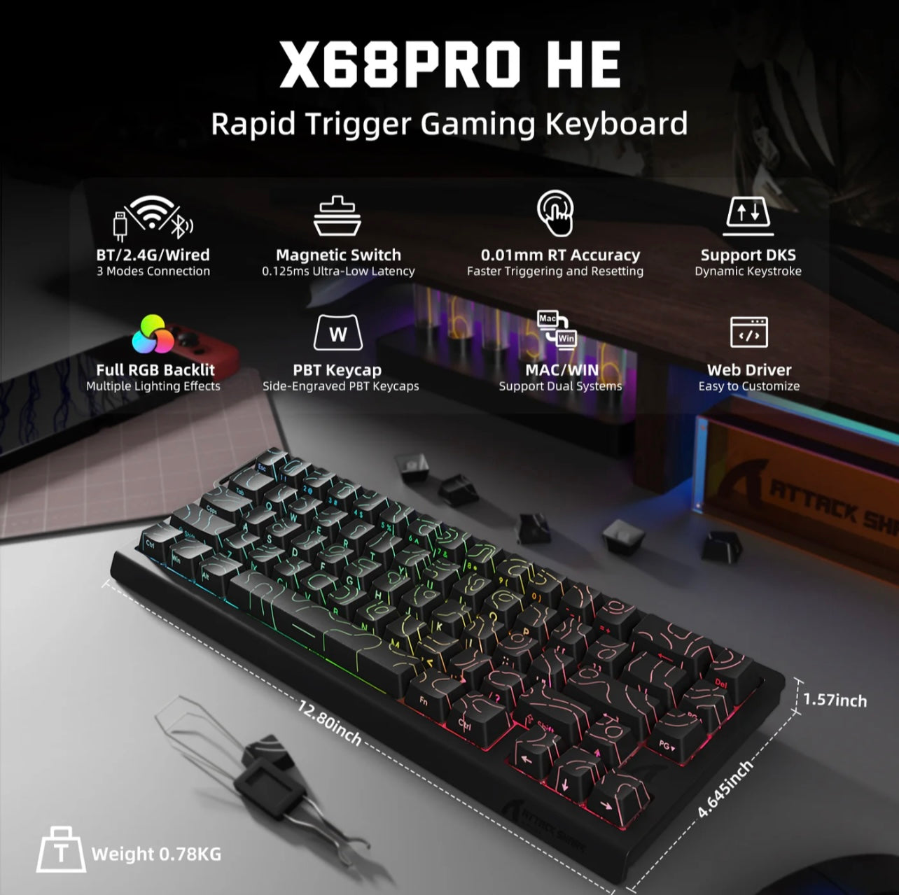 ATTACK SHARK X68 PRO HE Gaming Keyboard 8K Hz RGB Hot-Swap Rapid Trigger