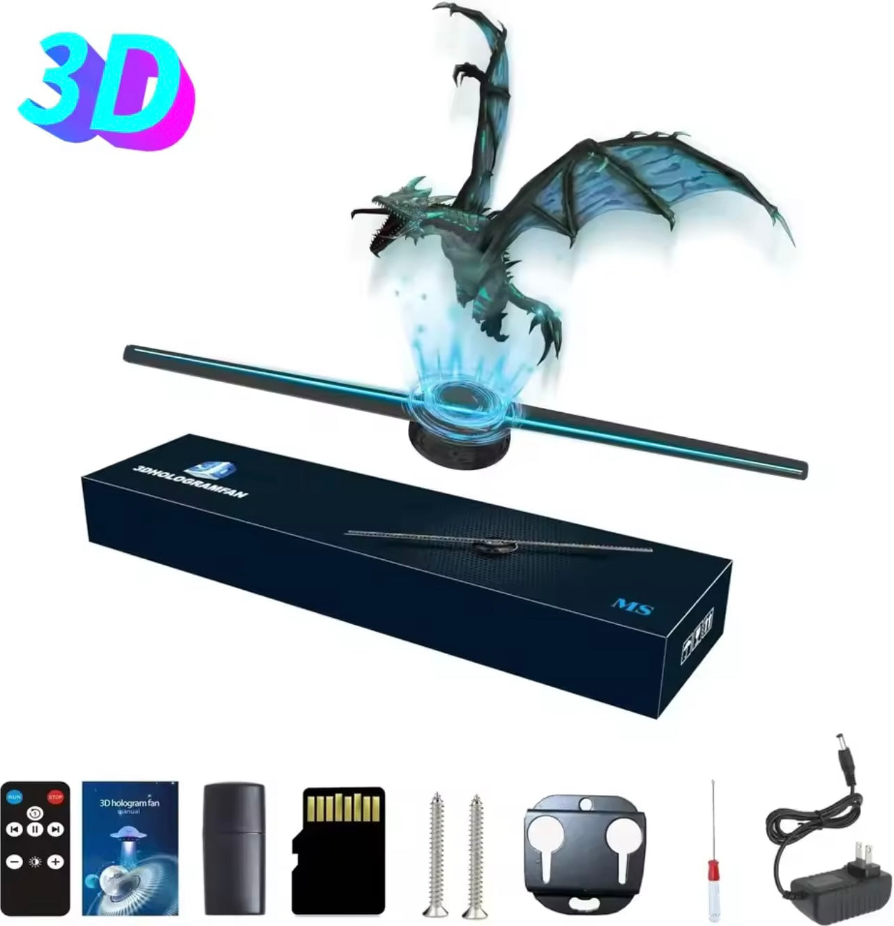 HOLOGRAM FAN PROJECTOR 3D HD, 42cm Display Diameter, High Resolution: 2000 X 224, 224 LED Lamp Beads, 16GB TF Memory Card Included, Smart Control via Multi-Function Remote, Adjustable Brightness & Viewing Angle