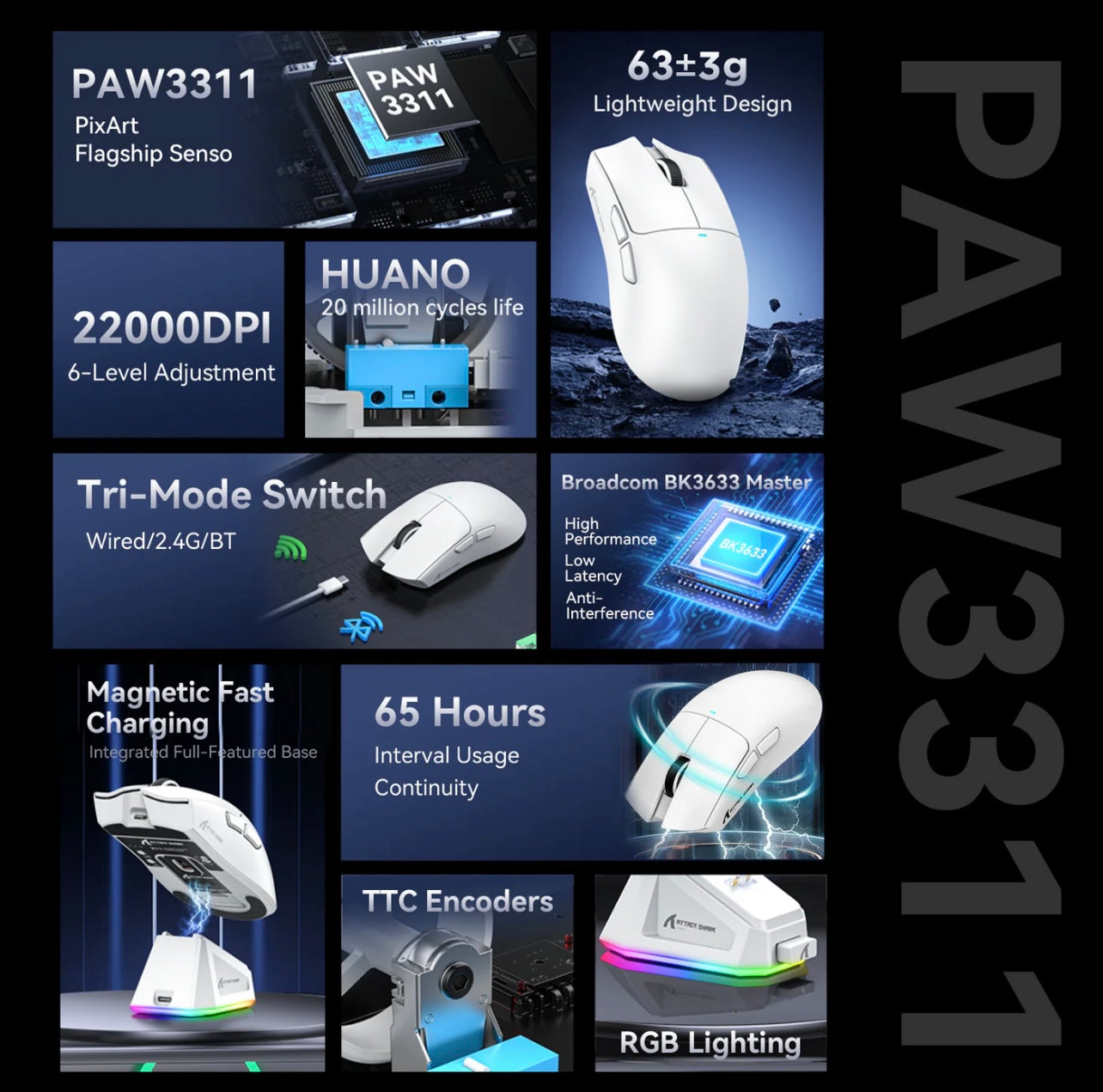 Attack Shark X11 Pixart Wireless Gaming Mouse RGB + Dock | Tri-Mode Charge