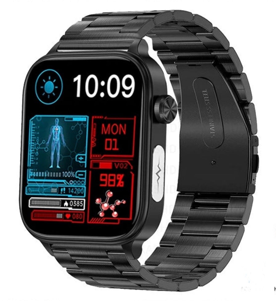 Advanced Smart Watch,1.96" IPS HD touch,Bluetooth call|Smart apps,Advanced Health monitor: ECG|Blood lipids|Uric acid|Body fat|Micro physical examination|Emotional stress detection|Non invasive blood glucose measure|Battery up to 7 days