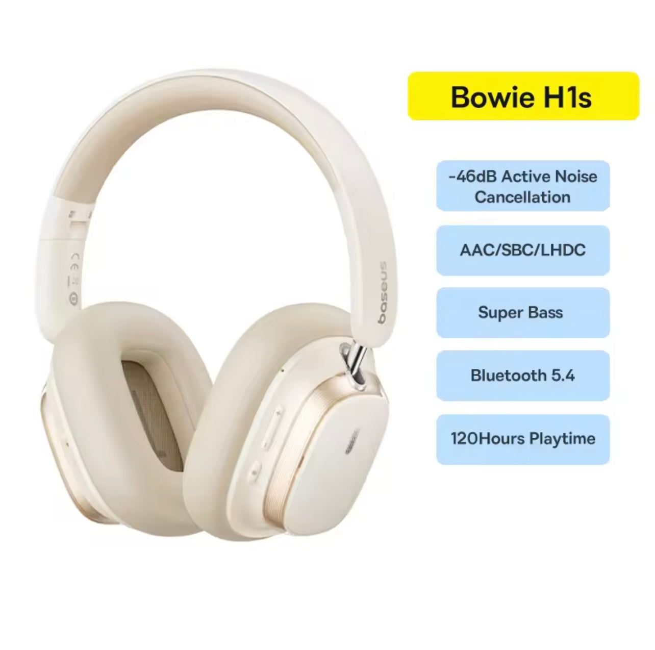Baseus Bowie H1s Wireless Headphones – Bluetooth 5.4, 46dB Noise Cancelling, Hi-Res Spatial Audio, Over-Ear Comfort, 120H Playtime