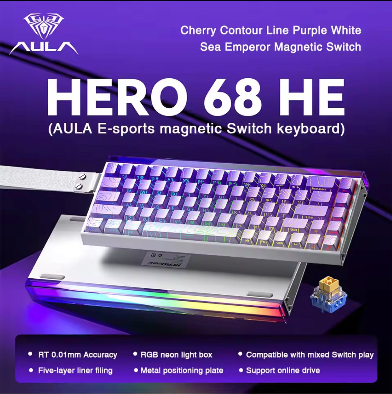 AULA HERO 68 HE Keyboard, Compact 68-Key Layout, Magnetic Switches with Rapid Trigger, High-Speed 8K Return Rate, Hot-Swap Switch Design, Durable Wired Connection, Dynamic RGB Backlighting, Neon light box