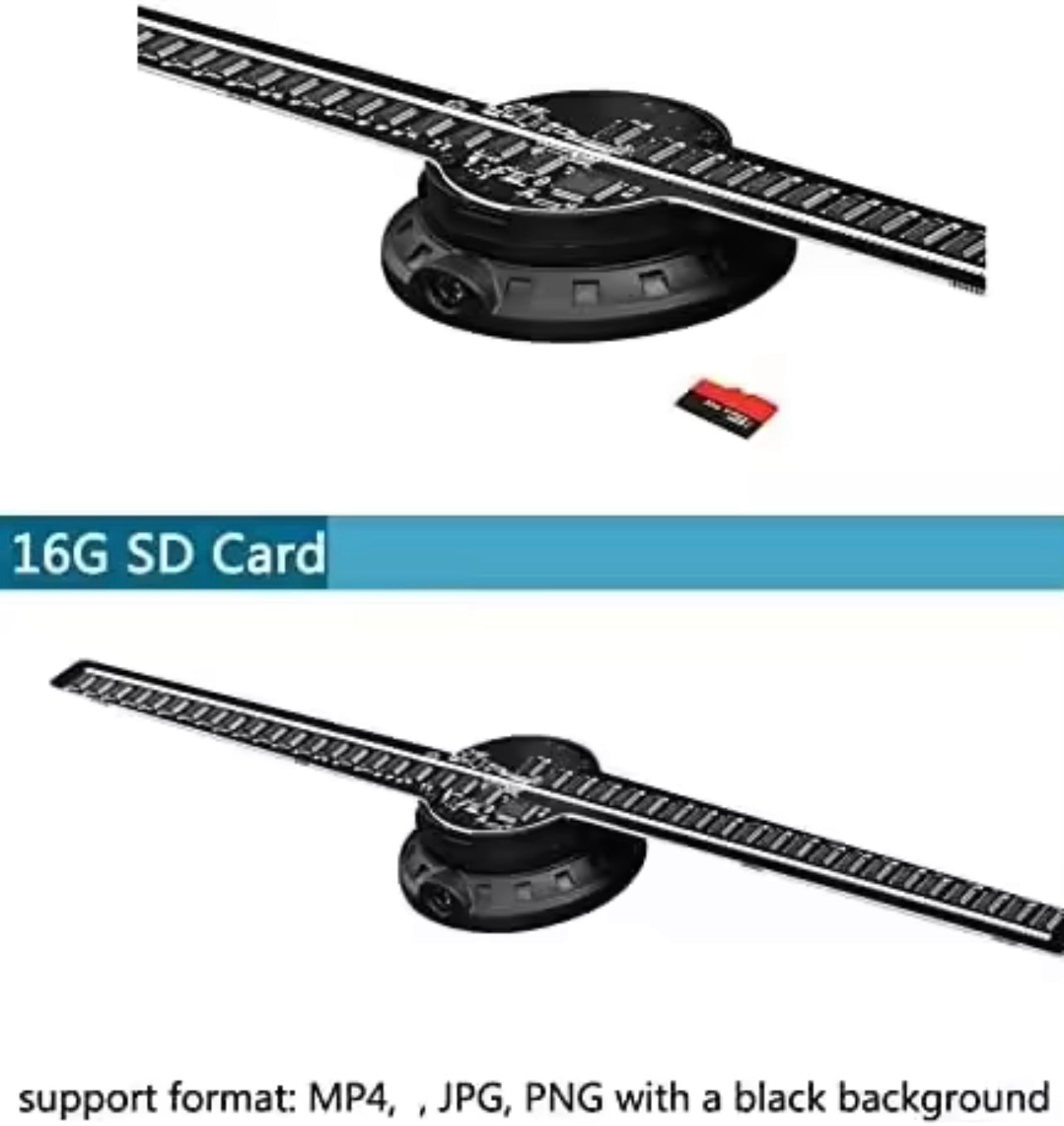 HOLOGRAM FAN PROJECTOR 3D HD, 42cm Display Diameter, High Resolution: 2000 X 224, 224 LED Lamp Beads, 16GB TF Memory Card Included, Smart Control via Multi-Function Remote, Adjustable Brightness & Viewing Angle