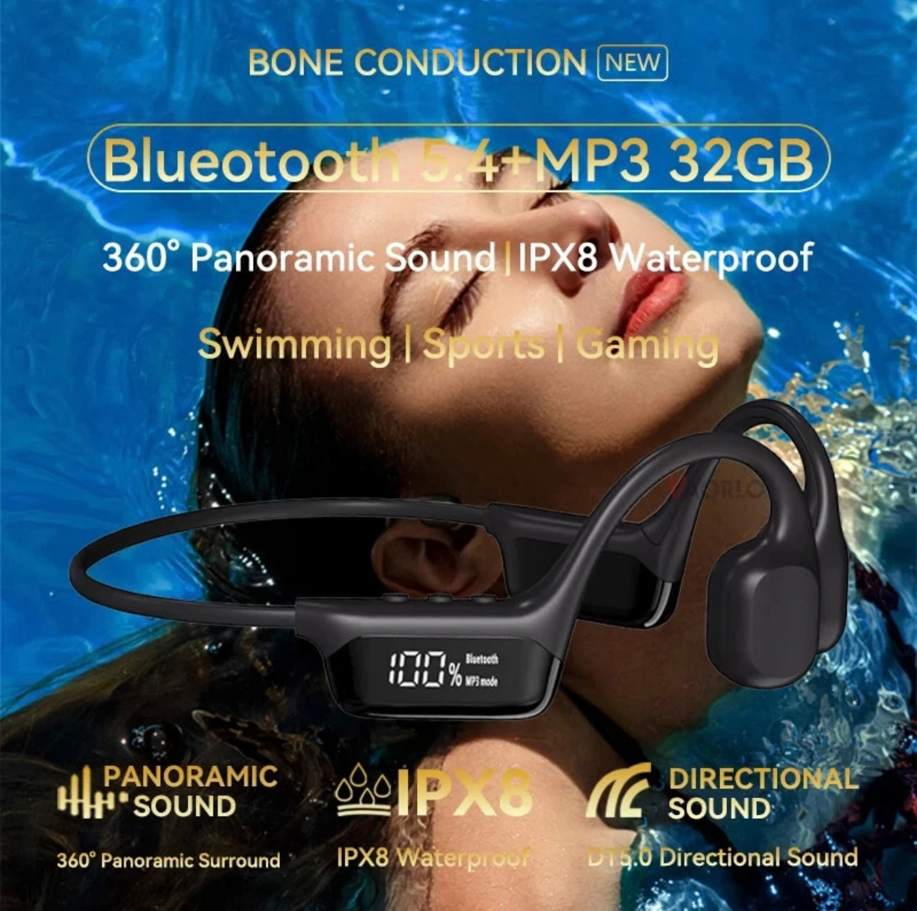IPX8 Waterproof Bone Conduction Wireless Headphones – 32GB MP3, Swimming & Sport