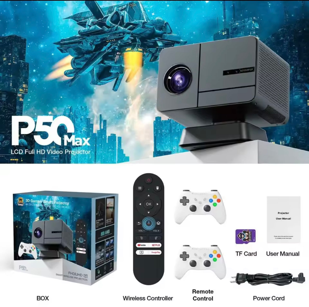 P50 MAX LED Gaming Projector 1080P HD | 4K Support, Auto Focus, 450 Lumens, 2+16GB | Home Theater, TV & Video Game Projector (H713)