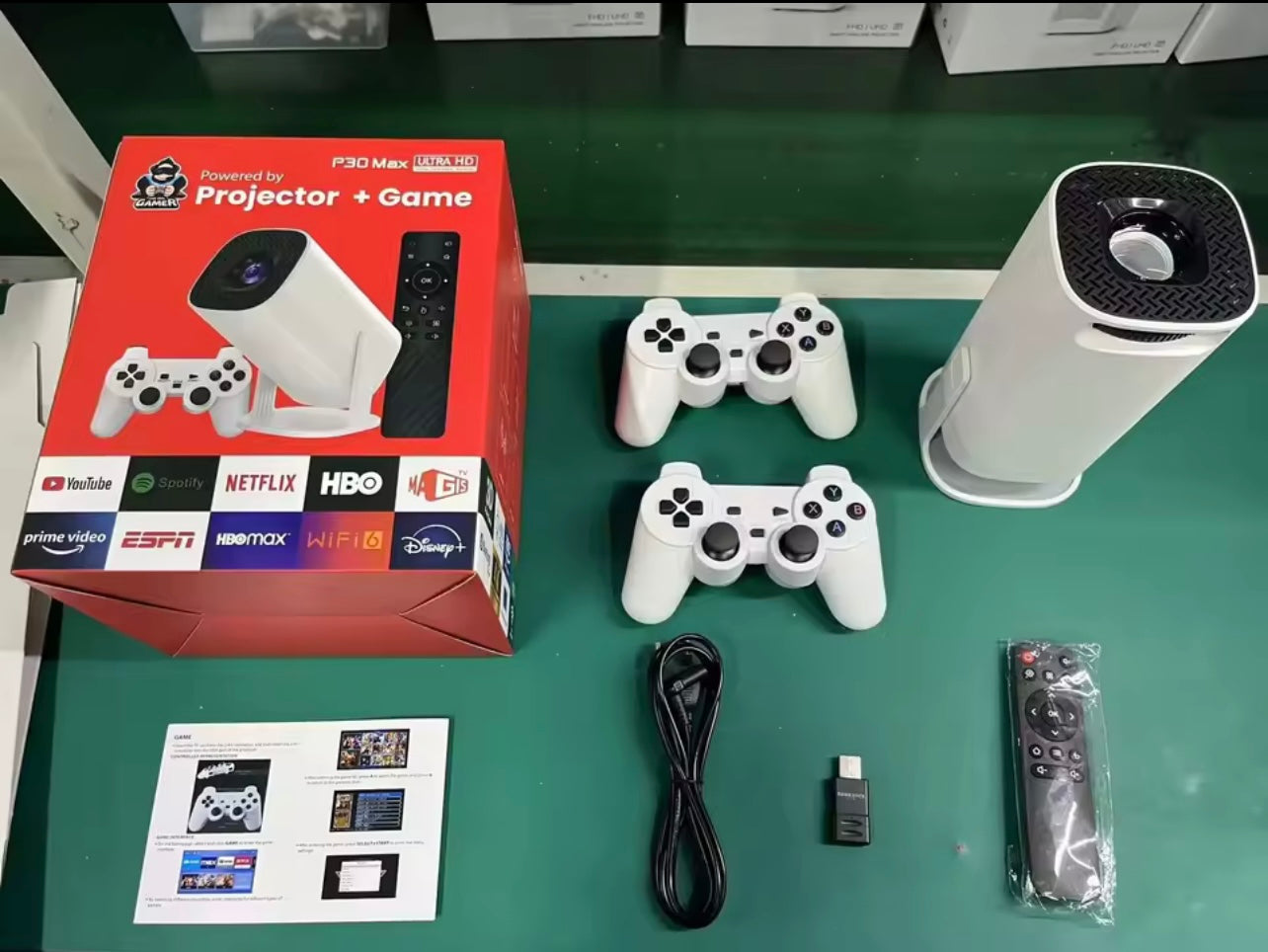 P30 Max 4K Smart Projector, Home Theater, LCD Full HD, 180° Flexible Projection, with 2 Wireless Controllers, 10 emulators and 128GB TF Support