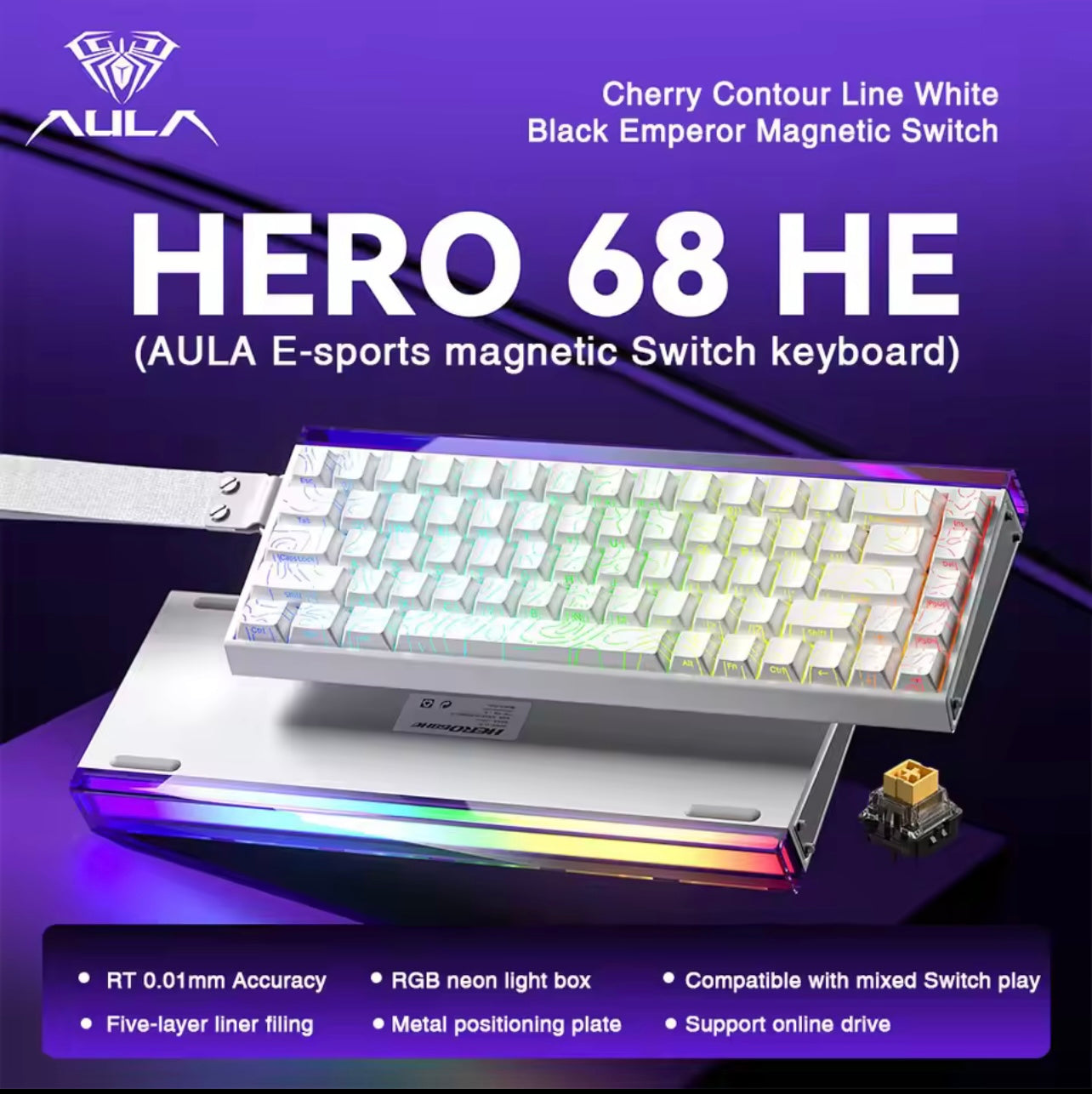 AULA HERO 68 HE Keyboard, Compact 68-Key Layout, Magnetic Switches with Rapid Trigger, High-Speed 8K Return Rate, Hot-Swap Switch Design, Durable Wired Connection, Dynamic RGB Backlighting, Neon light box