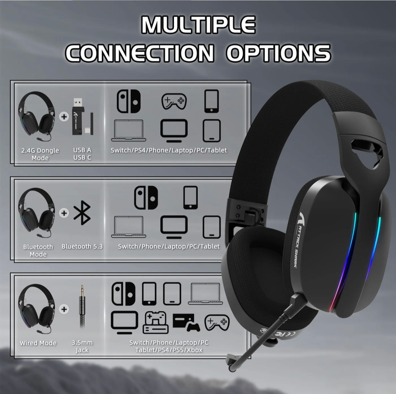 ATTACK SHARK L90 Foldable RGB Ultra-Light Tri-Mode Gaming Headset