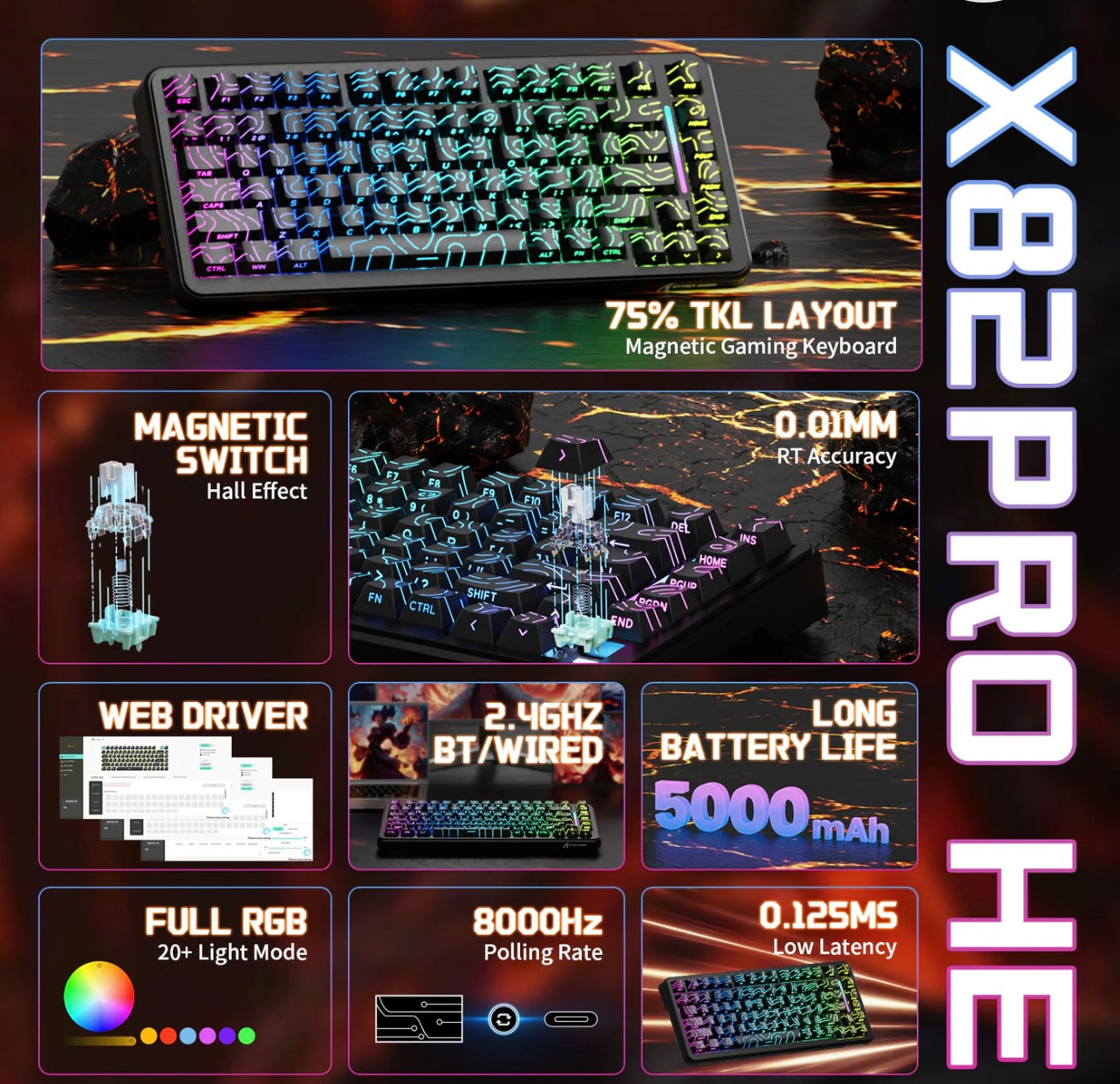 ATTACK SHARK X82PRO HE Wireless Rapid Trigger Gaming Keyboard Magnetic Switch