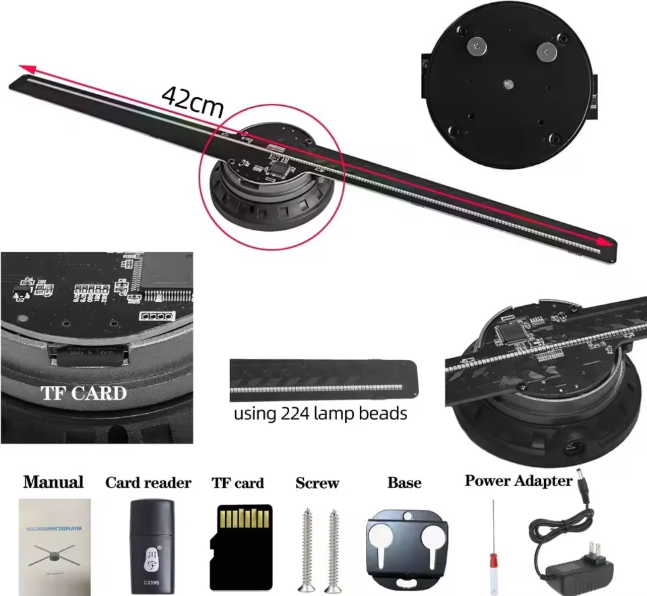 HOLOGRAM FAN PROJECTOR 3D HD, 42cm Display Diameter, High Resolution: 2000 X 224, 224 LED Lamp Beads, 16GB TF Memory Card Included, Smart Control via Multi-Function Remote, Adjustable Brightness & Viewing Angle