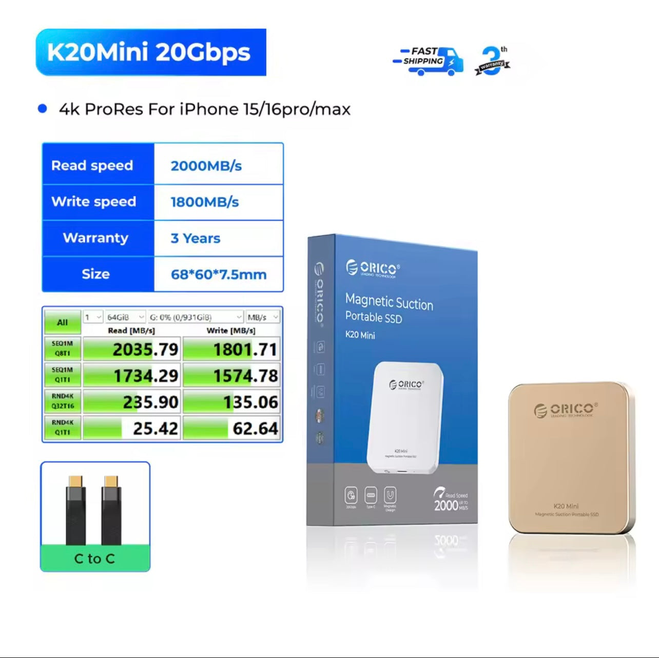 ORICO K20Mini Magnetic External SSD β 2000MB/s Portable Storage for iPhone 16/15 Pro & Pro Max | 4K ProRes HDR Recording Drive