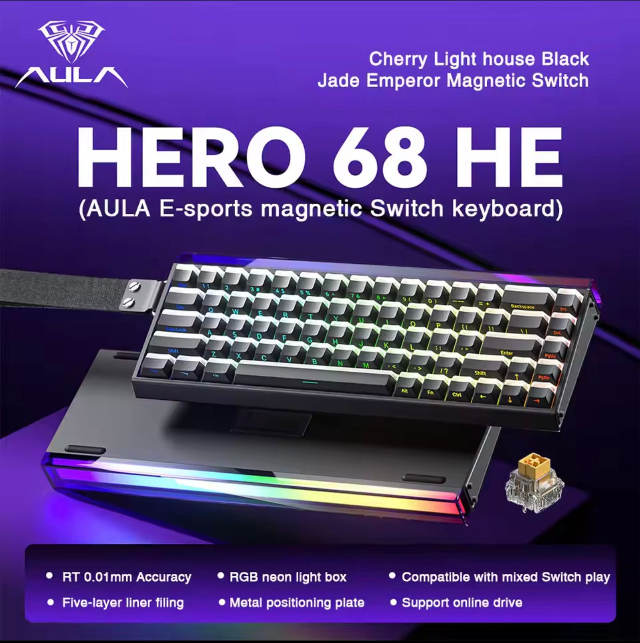 AULA HERO 68 HE Keyboard, Compact 68-Key Layout, Magnetic Switches with Rapid Trigger, High-Speed 8K Return Rate, Hot-Swap Switch Design, Durable Wired Connection, Dynamic RGB Backlighting, Neon light box