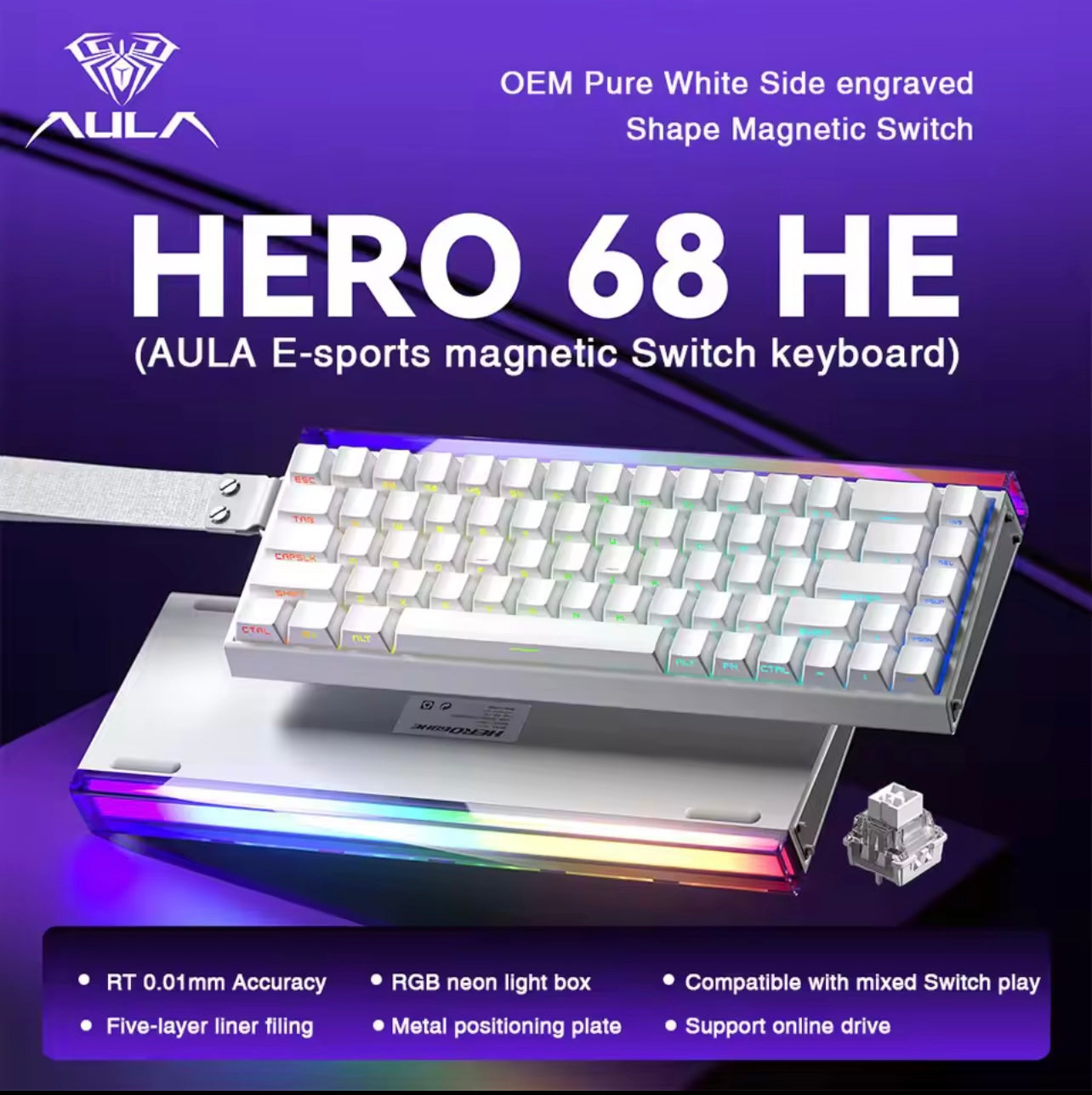 AULA HERO 68 HE Keyboard, Compact 68-Key Layout, Magnetic Switches with Rapid Trigger, High-Speed 8K Return Rate, Hot-Swap Switch Design, Durable Wired Connection, Dynamic RGB Backlighting, Neon light box