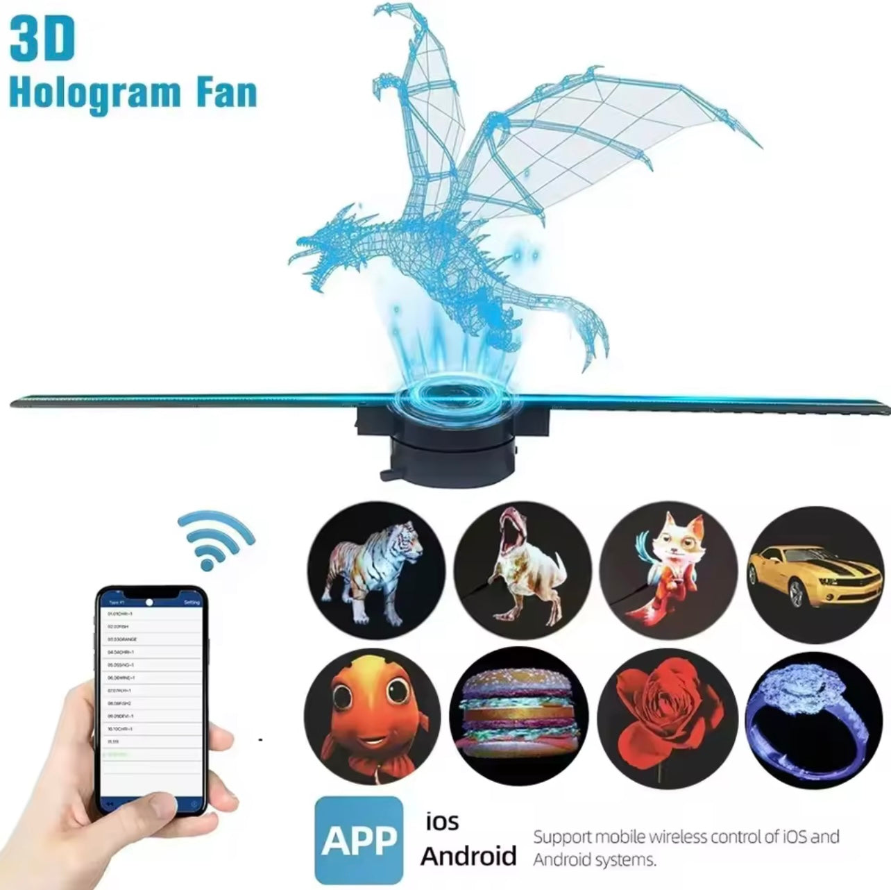 HOLOGRAM FAN PROJECTOR 3D HD, 42cm Display Diameter, High Resolution: 2000 X 224, 224 LED Lamp Beads, 16GB TF Memory Card Included, Smart Control via Multi-Function Remote, Adjustable Brightness & Viewing Angle