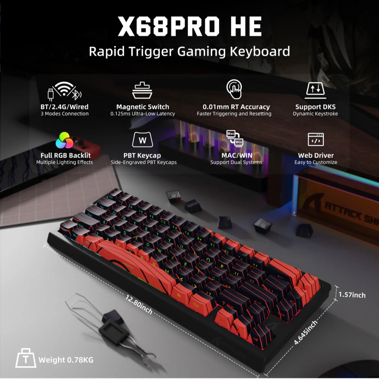 ATTACK SHARK X68 PRO HE Gaming Keyboard 8K Hz RGB Hot-Swap Rapid Trigger