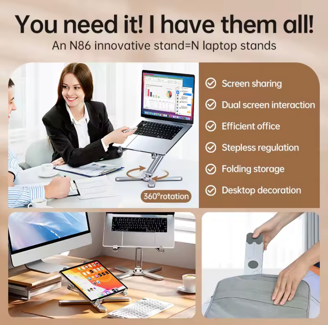 Foldable Laptop Stand with 360° Rotation – Aluminum Alloy Notebook & Tablet Holder