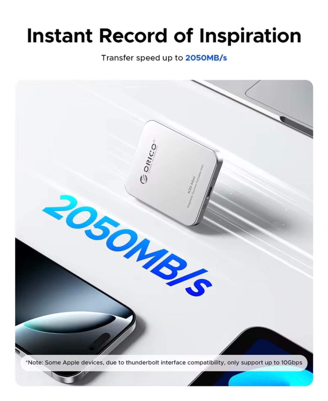 ORICO K20Mini Magnetic External SSD β 2000MB/s Portable Storage for iPhone 16/15 Pro & Pro Max | 4K ProRes HDR Recording Drive
