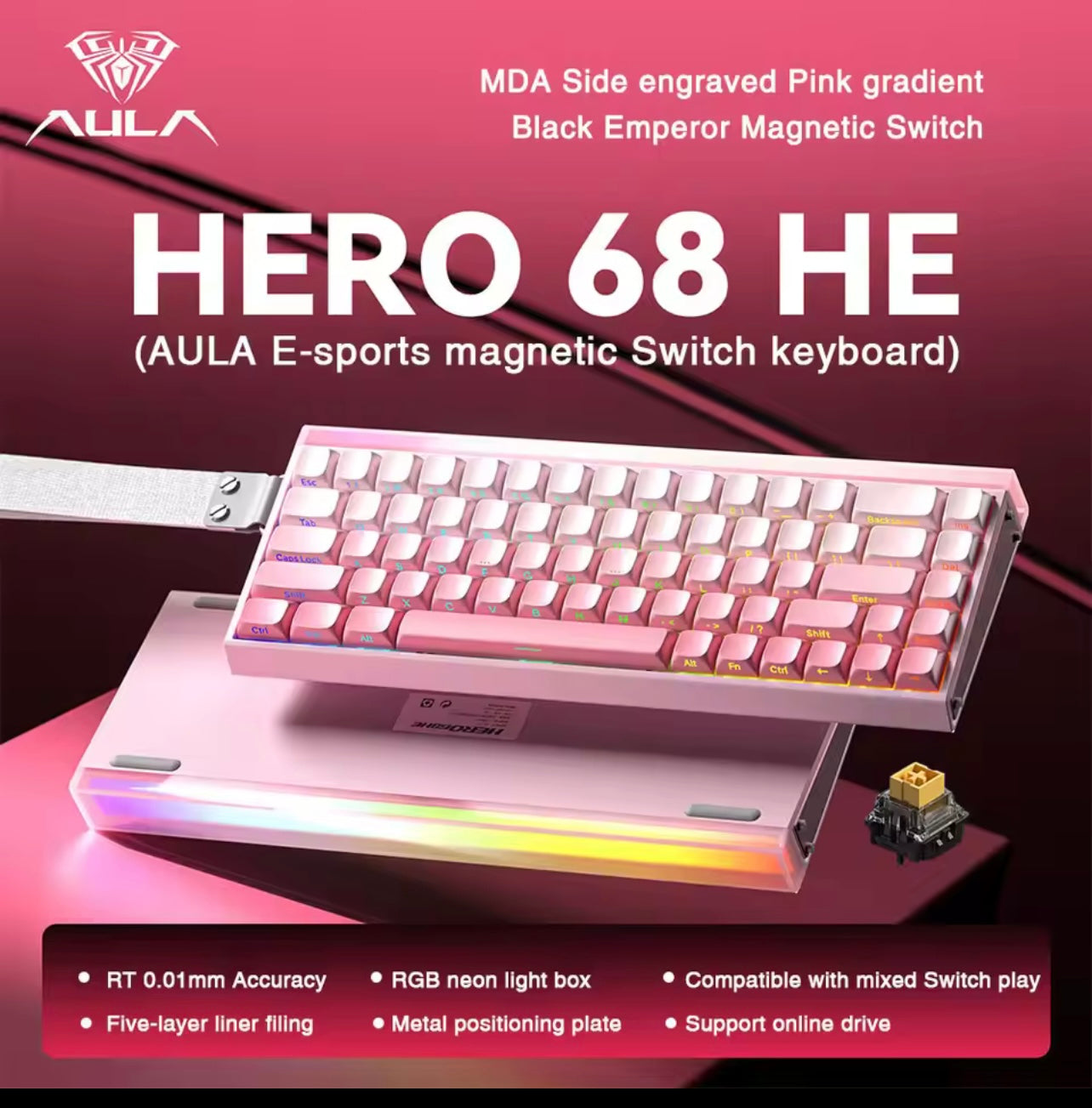 AULA HERO 68 HE Keyboard, Compact 68-Key Layout, Magnetic Switches with Rapid Trigger, High-Speed 8K Return Rate, Hot-Swap Switch Design, Durable Wired Connection, Dynamic RGB Backlighting, Neon light box