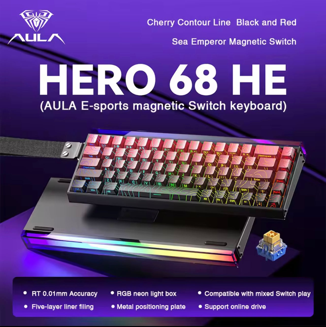 AULA HERO 68 HE Keyboard, Compact 68-Key Layout, Magnetic Switches with Rapid Trigger, High-Speed 8K Return Rate, Hot-Swap Switch Design, Durable Wired Connection, Dynamic RGB Backlighting, Neon light box