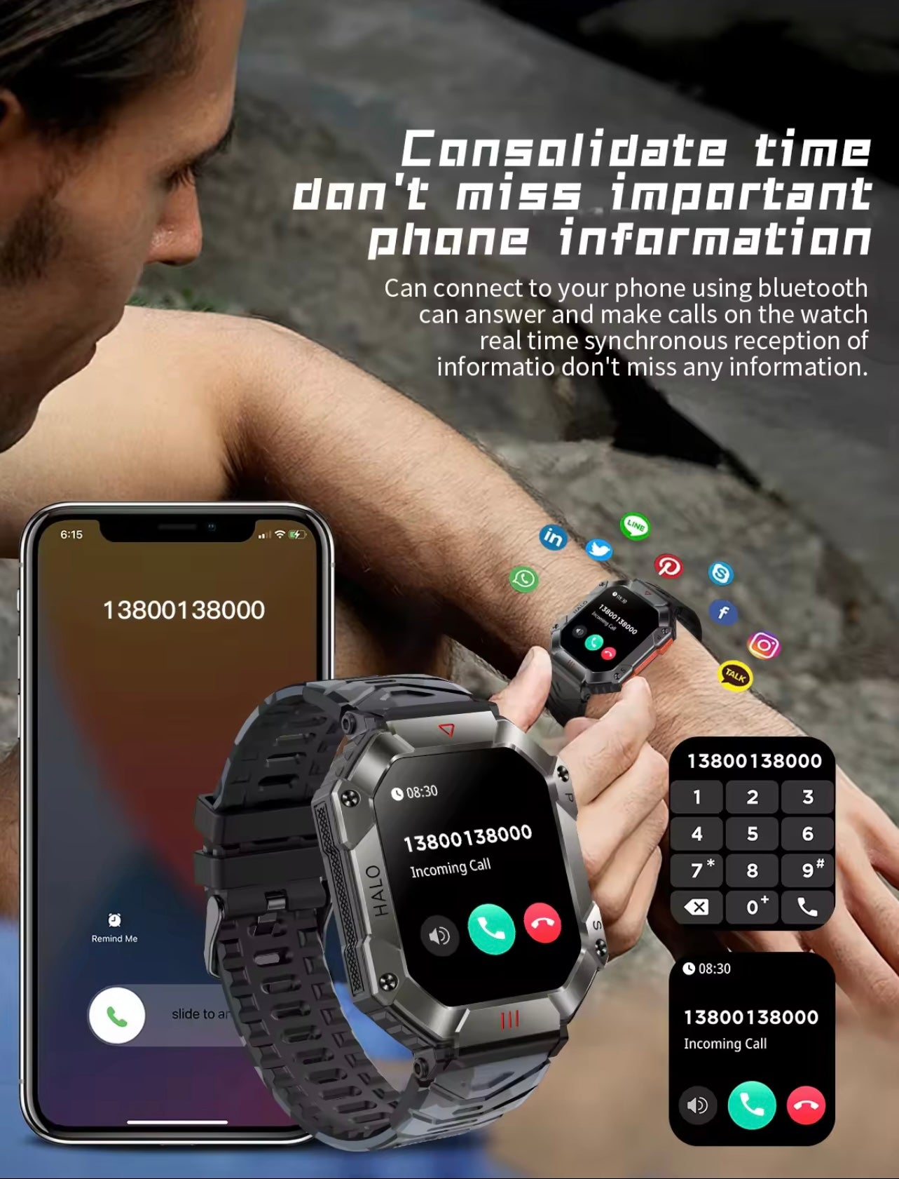 Men’s Military Smartwatch with Bluetooth Call, Large Battery, Compass & Waterproof Sports Design – Outdoor Electronic Watch