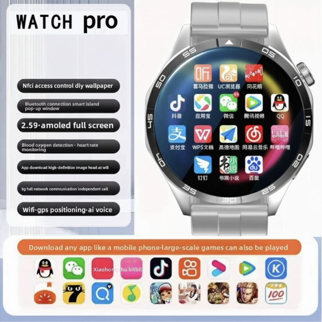 5G Smart Watch SIM, 1.55” HD, 8+128GB storage, SIM card insertion, Smart Features Includes WiFi download, learning apps, social entertainment functions, Health Monitoring, NFC Function, Magnetic Charging