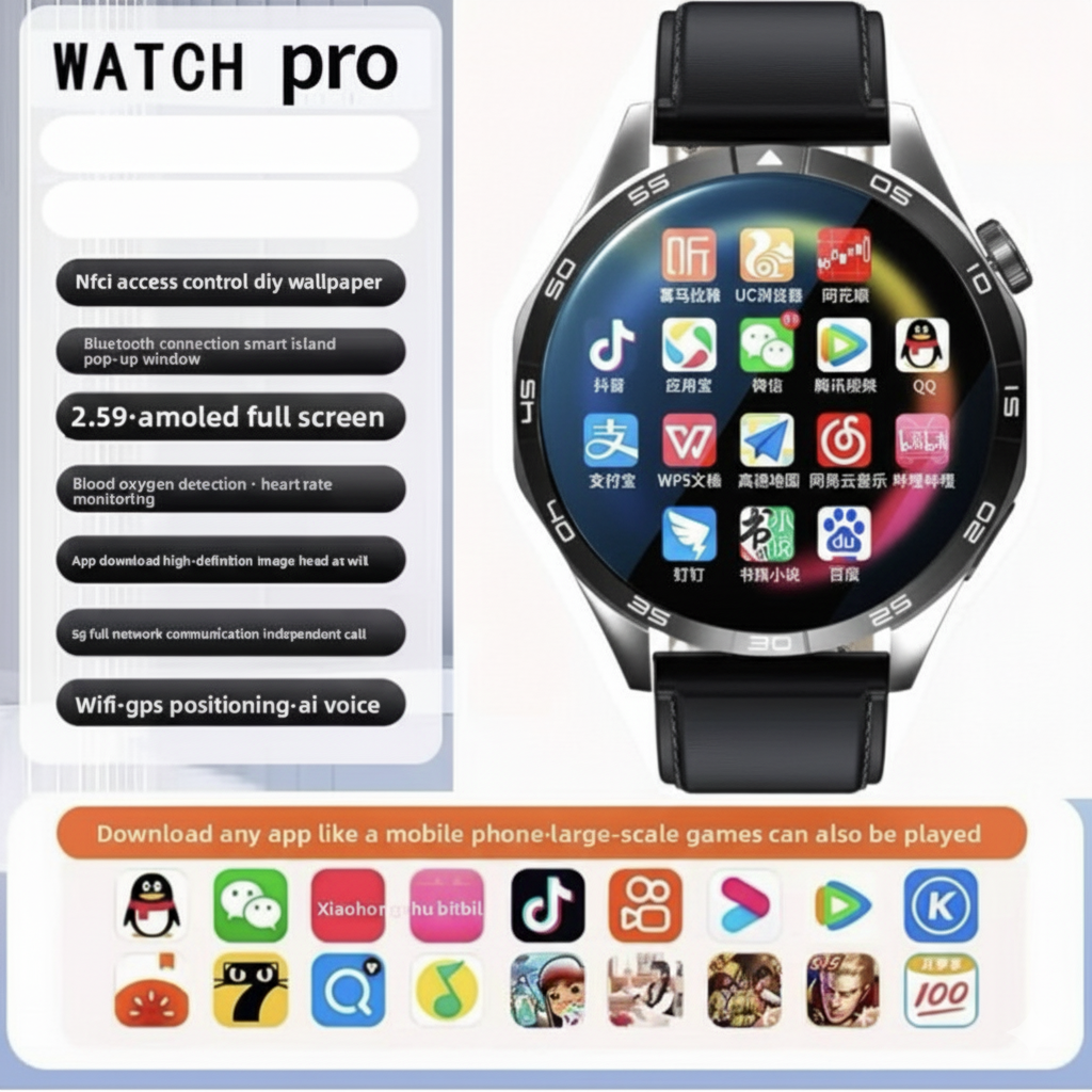 5G Smart Watch SIM, 1.55” HD, 8+128GB storage, SIM card insertion, Smart Features Includes WiFi download, learning apps, social entertainment functions, Health Monitoring, NFC Function, Magnetic Charging
