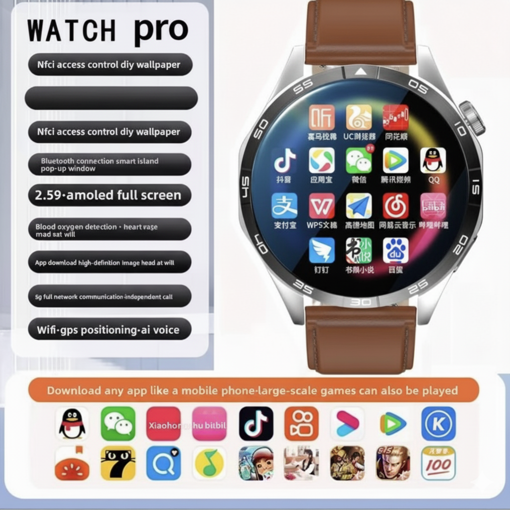 5G Smart Watch SIM, 1.55” HD, 8+128GB storage, SIM card insertion, Smart Features Includes WiFi download, learning apps, social entertainment functions, Health Monitoring, NFC Function, Magnetic Charging