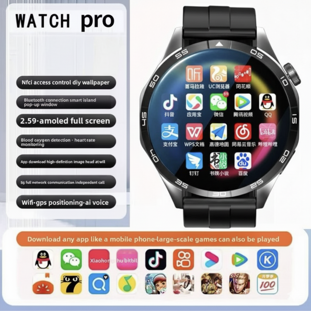 5G Smart Watch SIM, 1.55” HD, 8+128GB storage, SIM card insertion, Smart Features Includes WiFi download, learning apps, social entertainment functions, Health Monitoring, NFC Function, Magnetic Charging