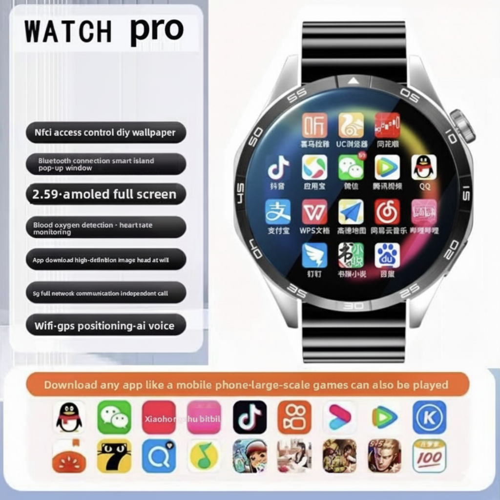 5G Smart Watch SIM, 1.55” HD, 8+128GB storage, SIM card insertion, Smart Features Includes WiFi download, learning apps, social entertainment functions, Health Monitoring, NFC Function, Magnetic Charging