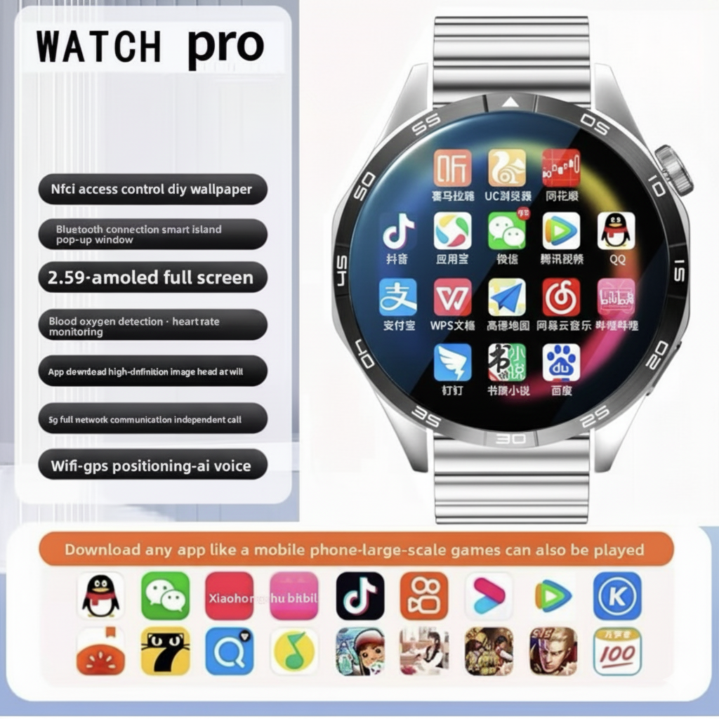 5G Smart Watch SIM, 1.55” HD, 8+128GB storage, SIM card insertion, Smart Features Includes WiFi download, learning apps, social entertainment functions, Health Monitoring, NFC Function, Magnetic Charging