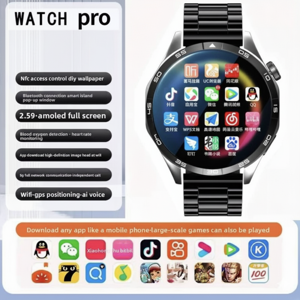 5G Smart Watch SIM, 1.55” HD, 8+128GB storage, SIM card insertion, Smart Features Includes WiFi download, learning apps, social entertainment functions, Health Monitoring, NFC Function, Magnetic Charging