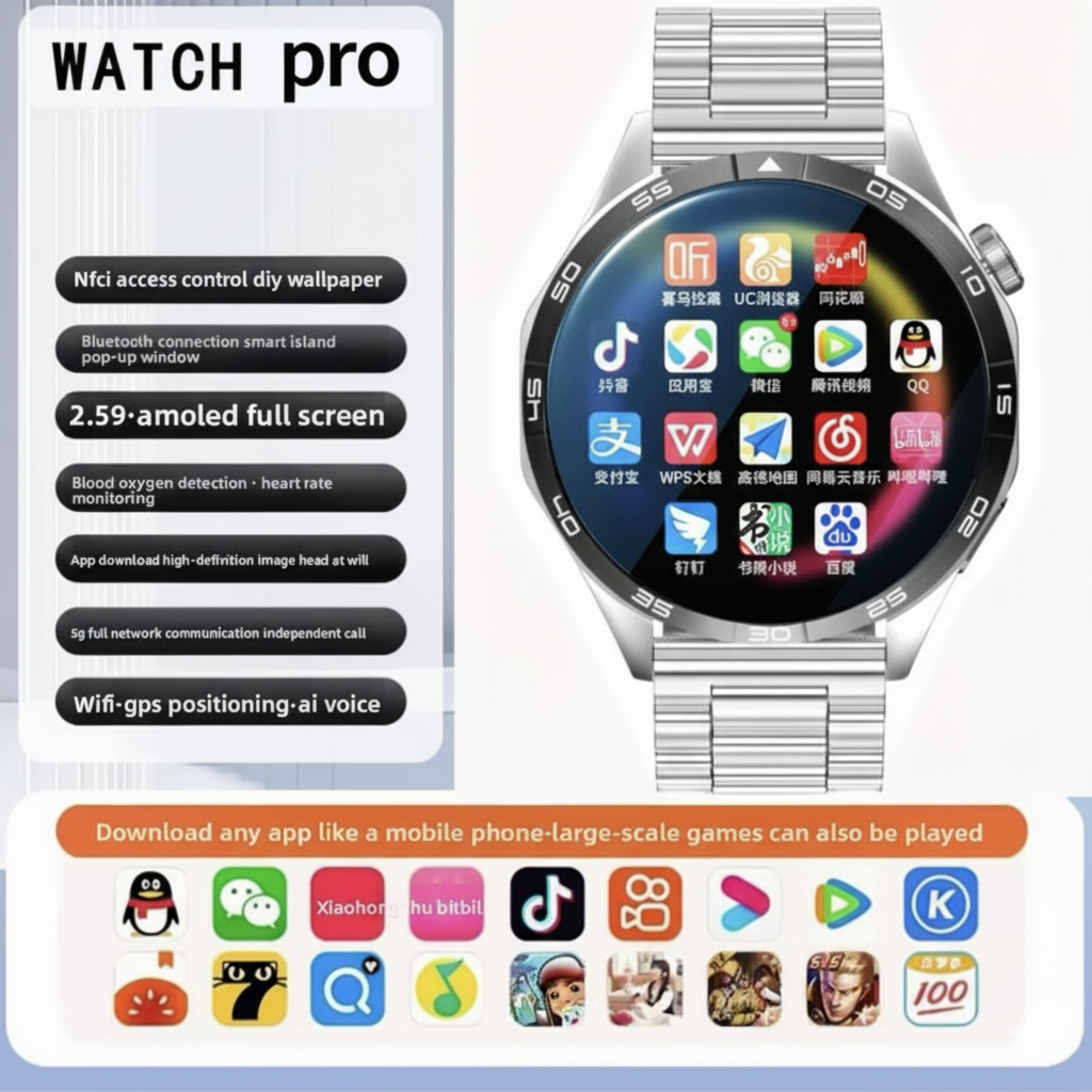 5G Smart Watch SIM, 1.55” HD, 8+128GB storage, SIM card insertion, Smart Features Includes WiFi download, learning apps, social entertainment functions, Health Monitoring, NFC Function, Magnetic Charging